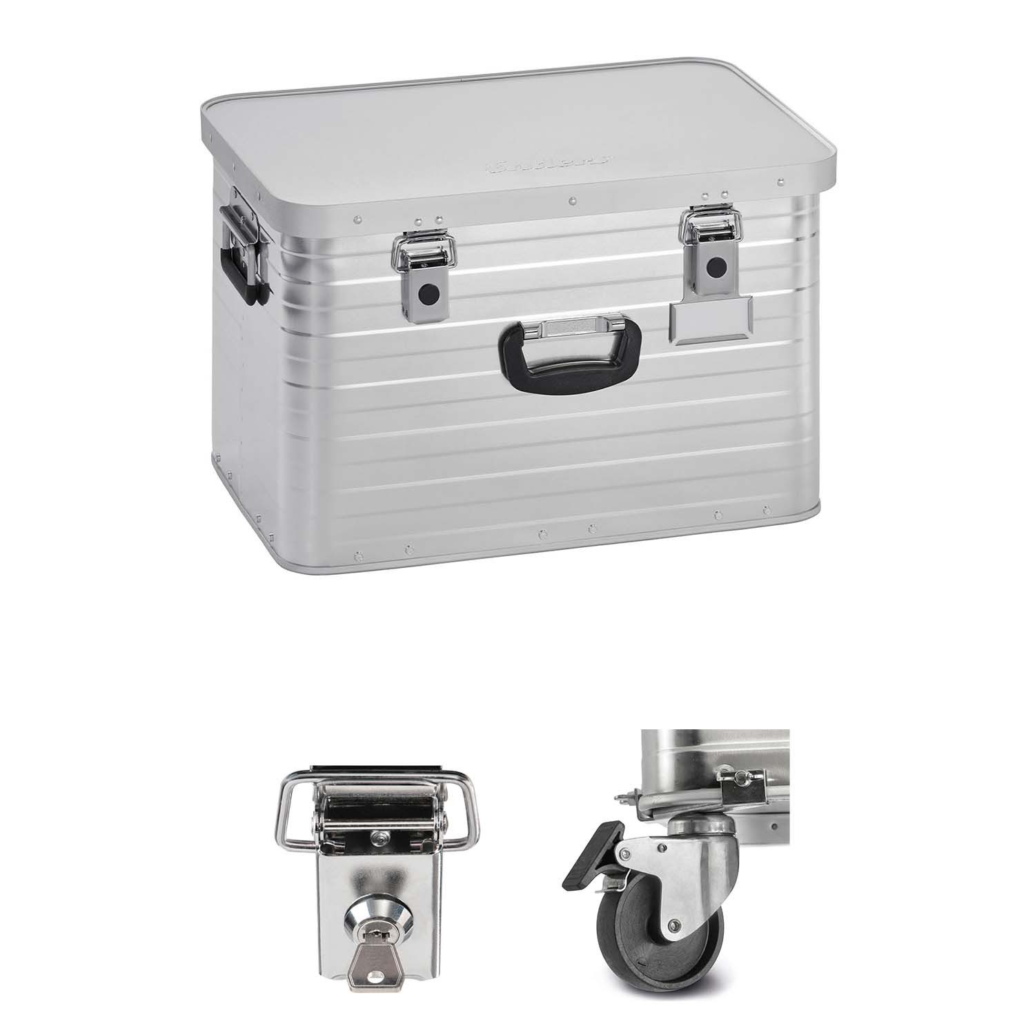 Enders® Aufbewahrungsbox Alubox 63 Liter + Schloss-Set + Transportrollen-Set, Alukiste Transportbox Lagerbox Alukoffer Metallkiste Alubox