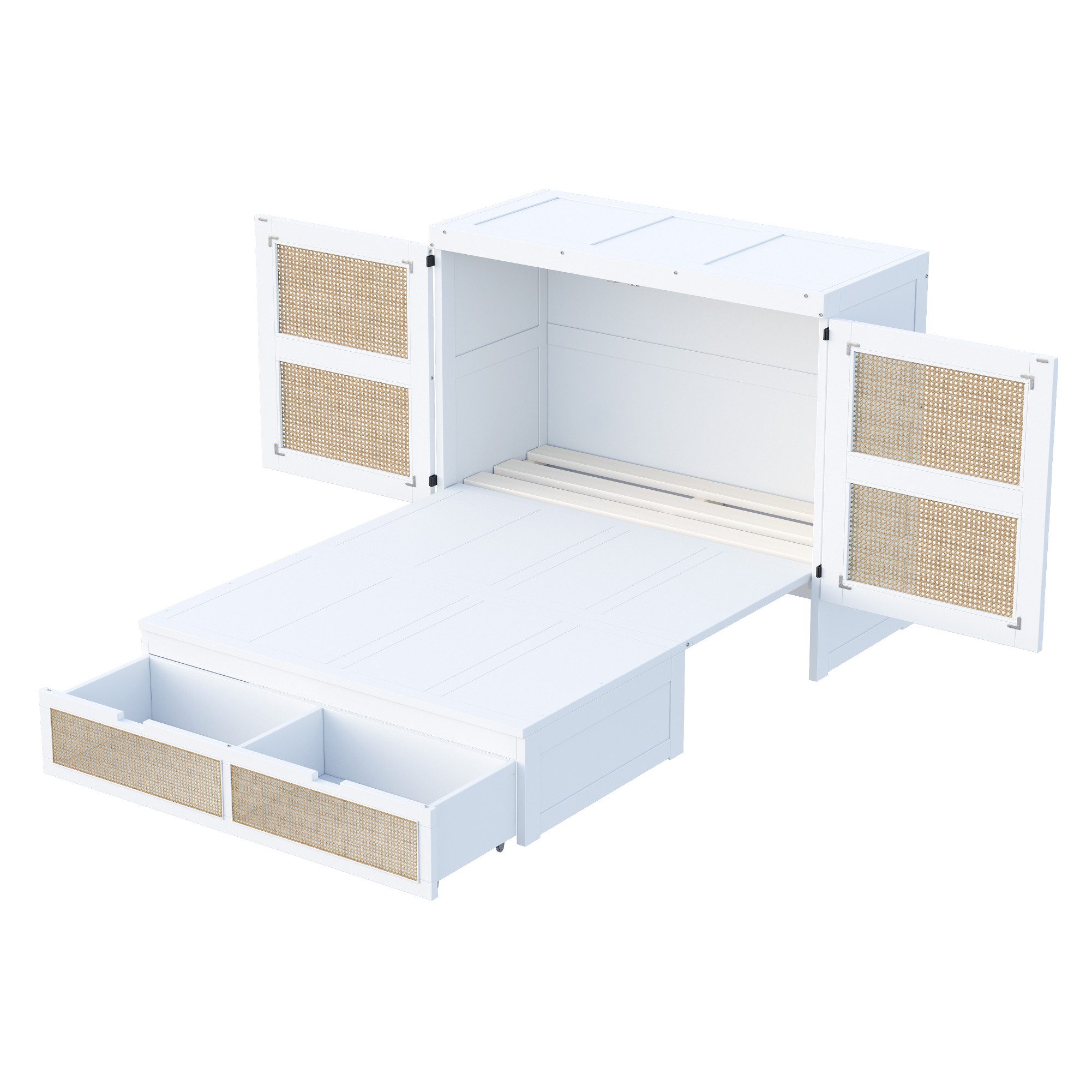 EXTSUD Schrankbett Schrankbett 140x200 cm mit Lattenrost, Stauraum & Rattan-Design (Rattan-Design, Holzbetten, Jugendbetten, Einzelbetten) vertikales schrankbett mit Lattenrost, mit Stauraumschubladen