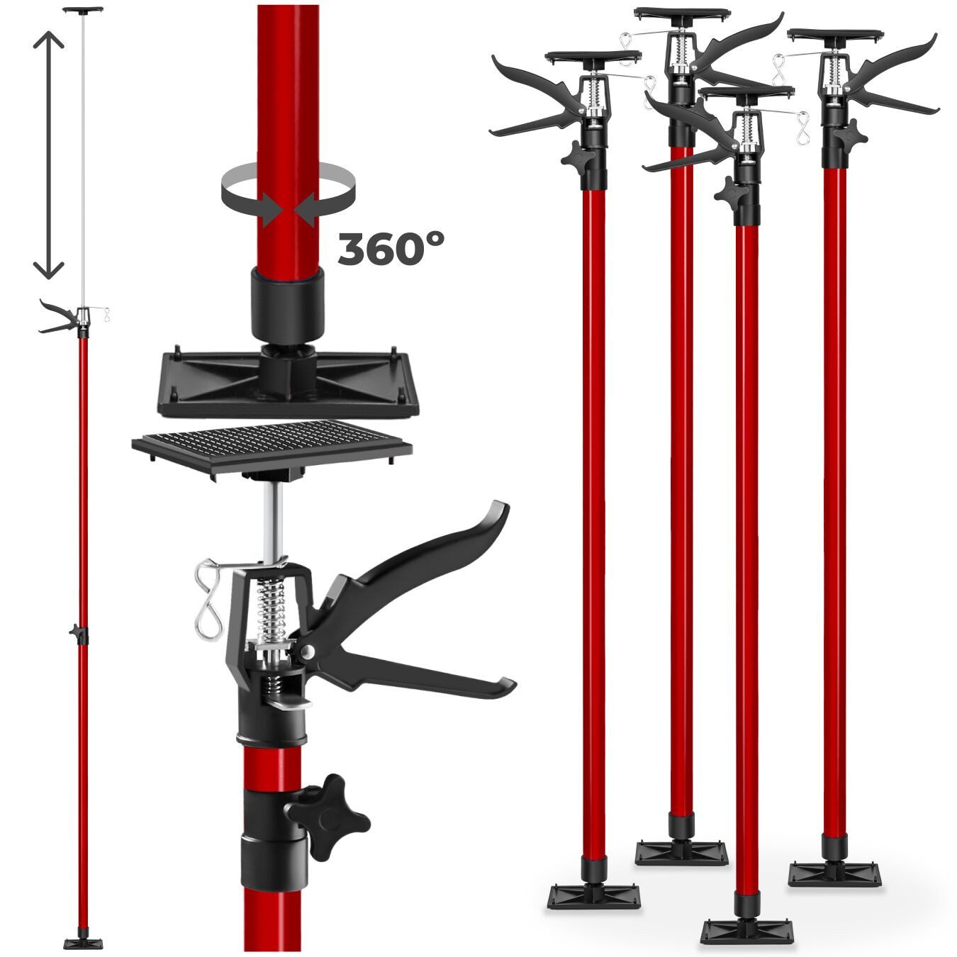 tectake Montageklemme 4er-Set Teleskopstütze, rutschfeste Auflageplatten mit Kugelgelenk, B: 7,00 cm, L: 18,00 cm, (Deckenstütze, in rot), Mit Schnellspannsystem, 115 – 290 cm, Belastbarkeit 30 kg je Stütze