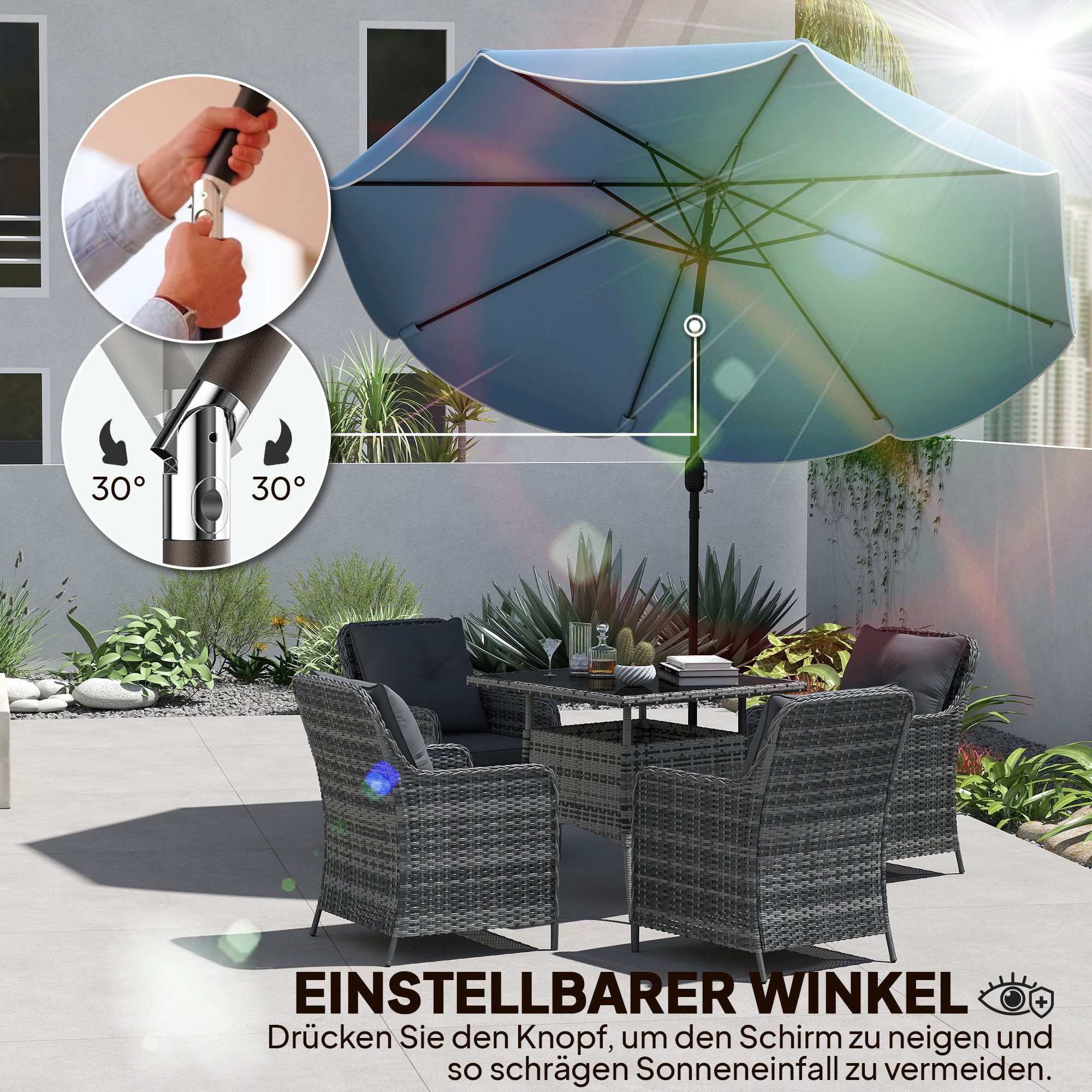 Outsunny Sonnenschirm Balkonschirm Strandschirm mit 3-facher Neigung, Kurbel, LxB: 265x265 cm, rund Balkonschirm, Strandschirm, für Strand Balkon Garten, Himmel – Bild 5 von 5
