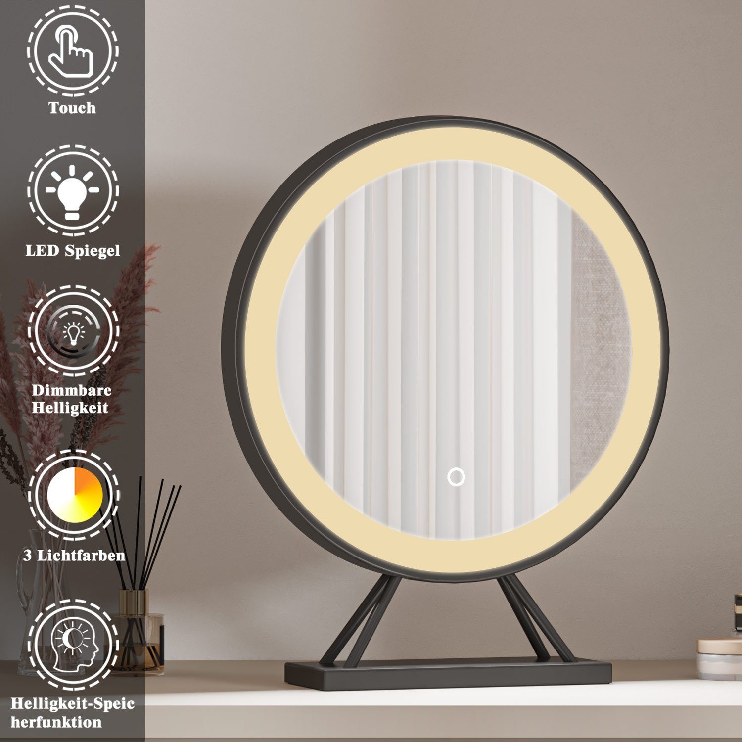 3 Schwarz Schminkspiegel duschspa Lichtfarbe, Tischspiegel, dimmbar, LED Kosmetikspiegel Helligkeit-Memory