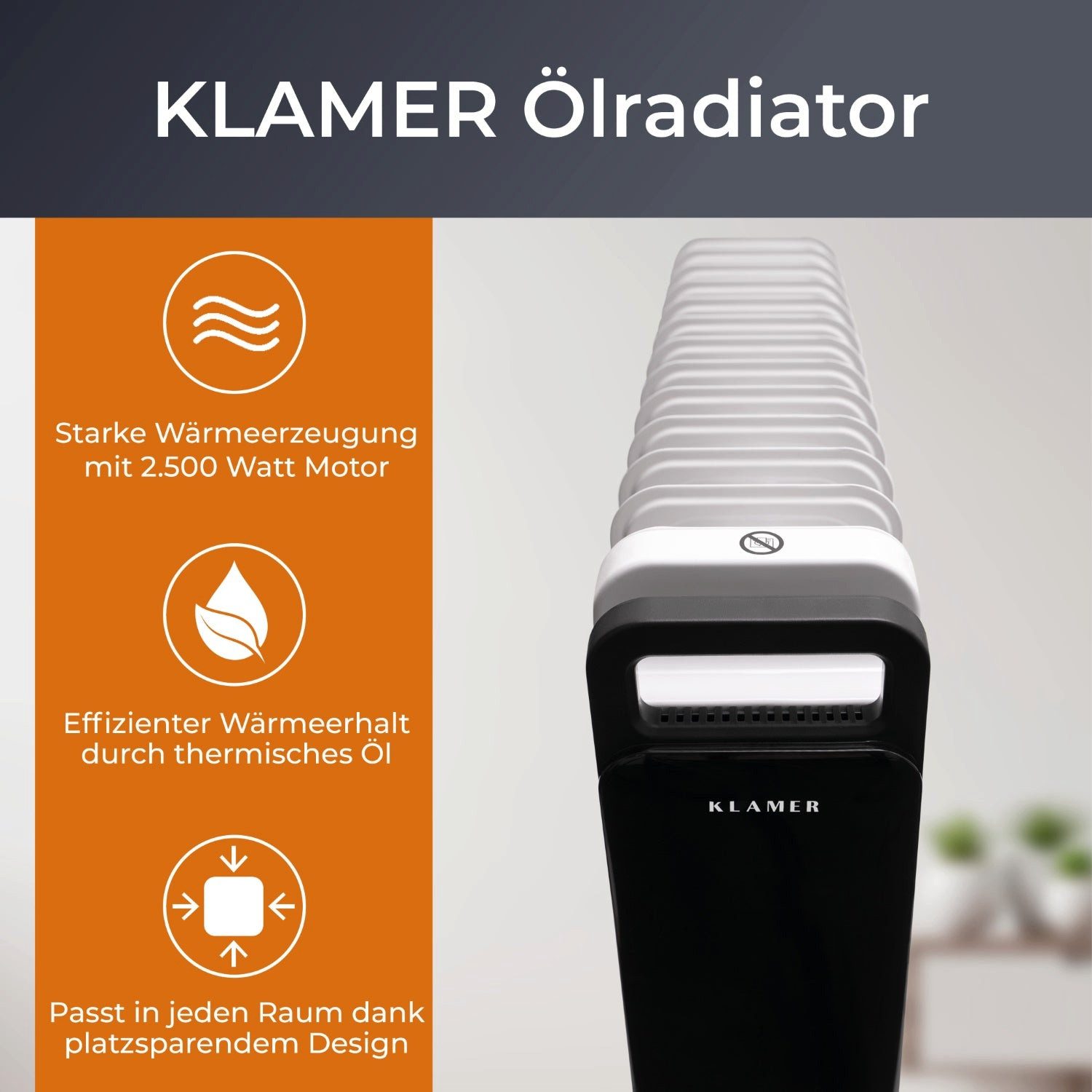 KLAMER Ölradiator 2500 W, Elektroheizung energiesparend, 13 Rippen, 3 Heizstufen mit Ec…, Eco-Modus heizt leise & sparsam, 3-fach Sicherheit, geräuscharm