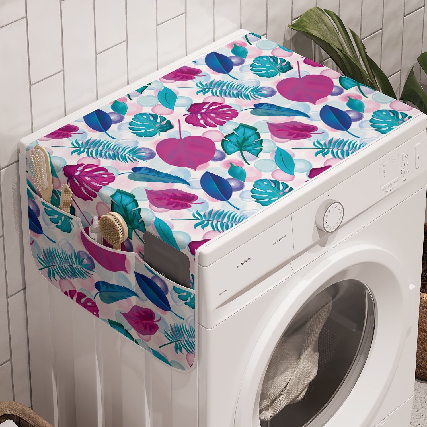 Abakuhaus Badorganizer Anti-Rutsch-Stoffabdeckung für Waschmaschine und Trockner, Blau Und Pink Tropic Blätter Runden