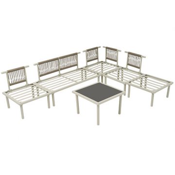 REDOM Gartenlounge-Set für 6 Personen mit verzinktem Eisenrahmen, (6-tlg., 2 Sitzer Bank, 1 Eckbank, 2 Stühle, 1 Hocker, 1 Couchtisch), mit verstellbare Füße, Tischplatte aus glattem Glas