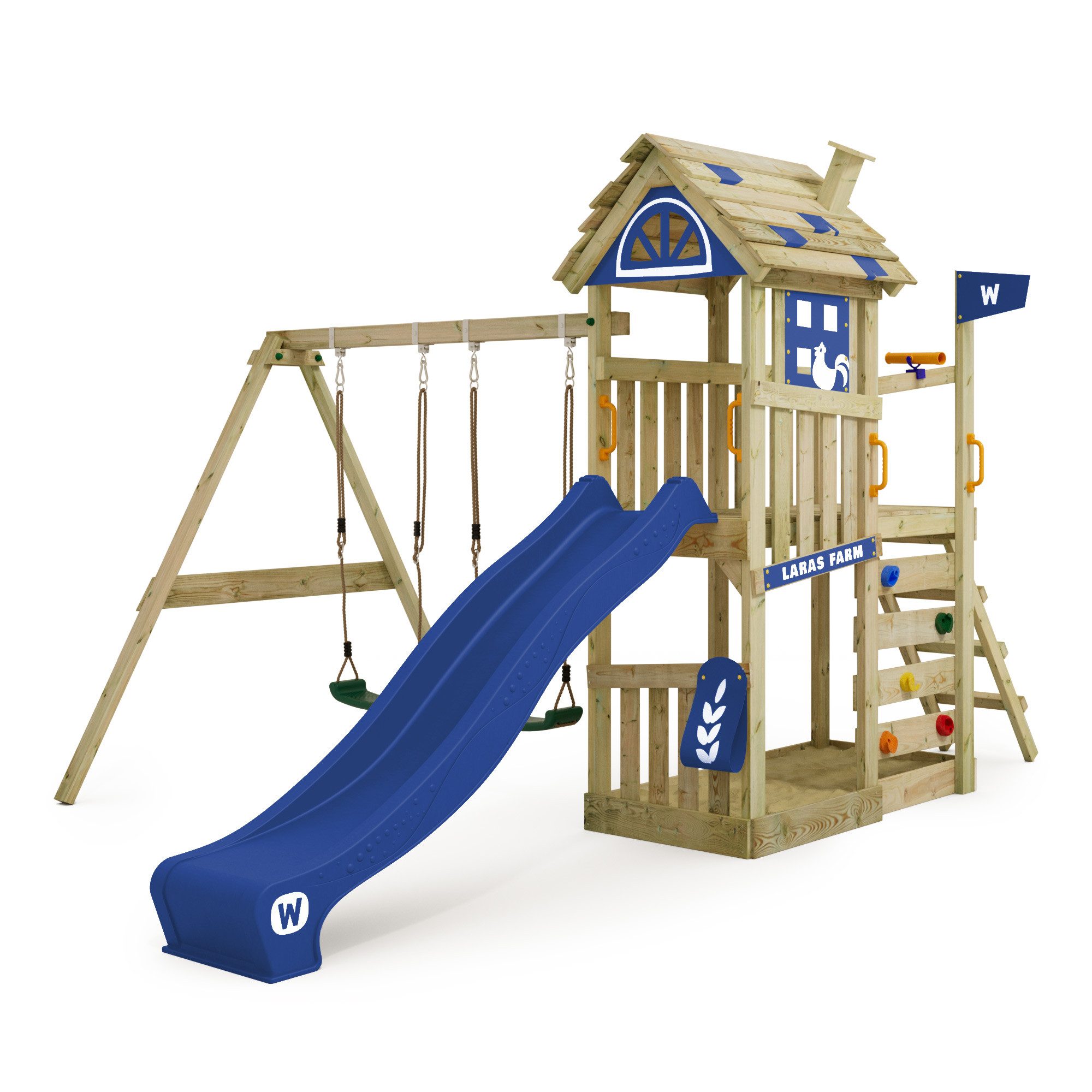 Wickey Spielturm FarmFlyer Spielturm im Farmhausstyle mit Doppelschaukel und Sandkasten, Perfekt für kleine Abenteurer mit 10 Jahren Garantie*
