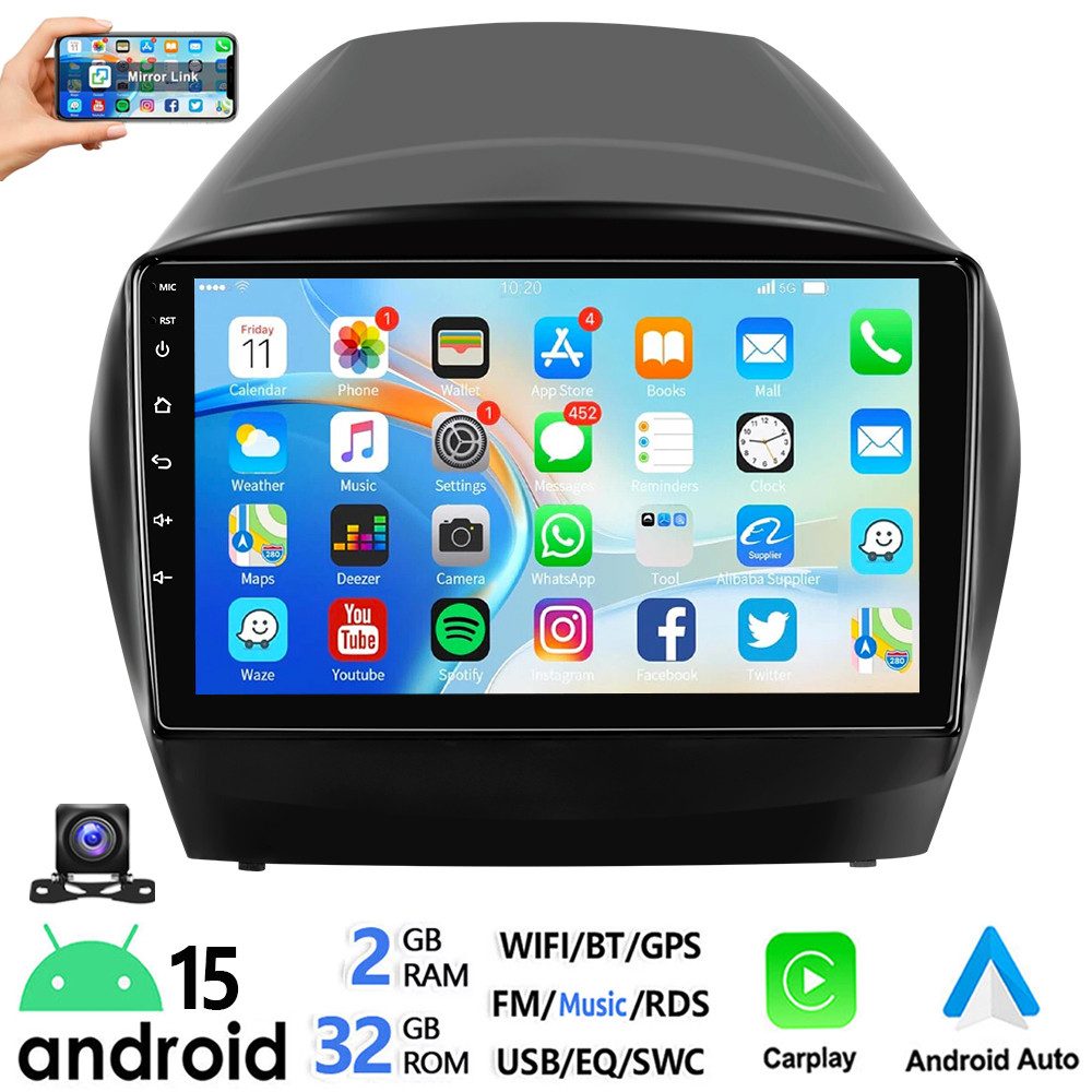 ESSGOO DAB+ 64G Android 15 Für Hyundai iX35 10-15 Carplay Bluetooth GPS WiFi Autoradio (RDS, 4+64GB(optional), FM, AM, DAB+ (optional), Apple Carplay Android Auto GPS Navi WIFI BT EQ)