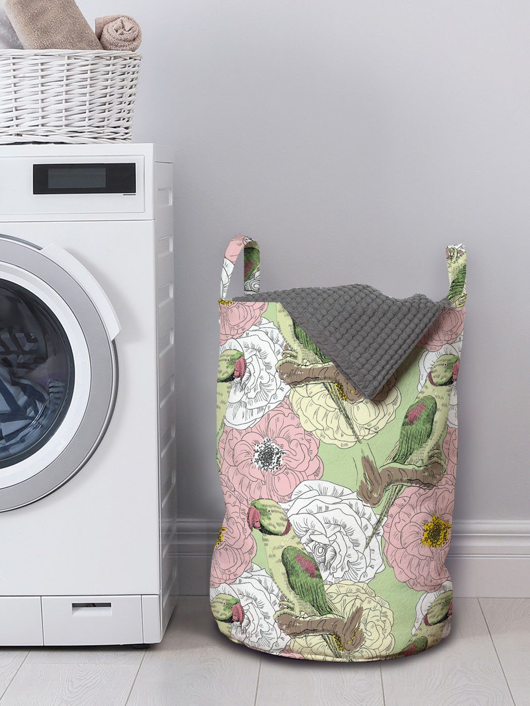 Abakuhaus Wäschesäckchen Wäschekorb mit Griffen Waschsalons, tropische Kordelzugverschluss und Blumen Exotisch Papageien für