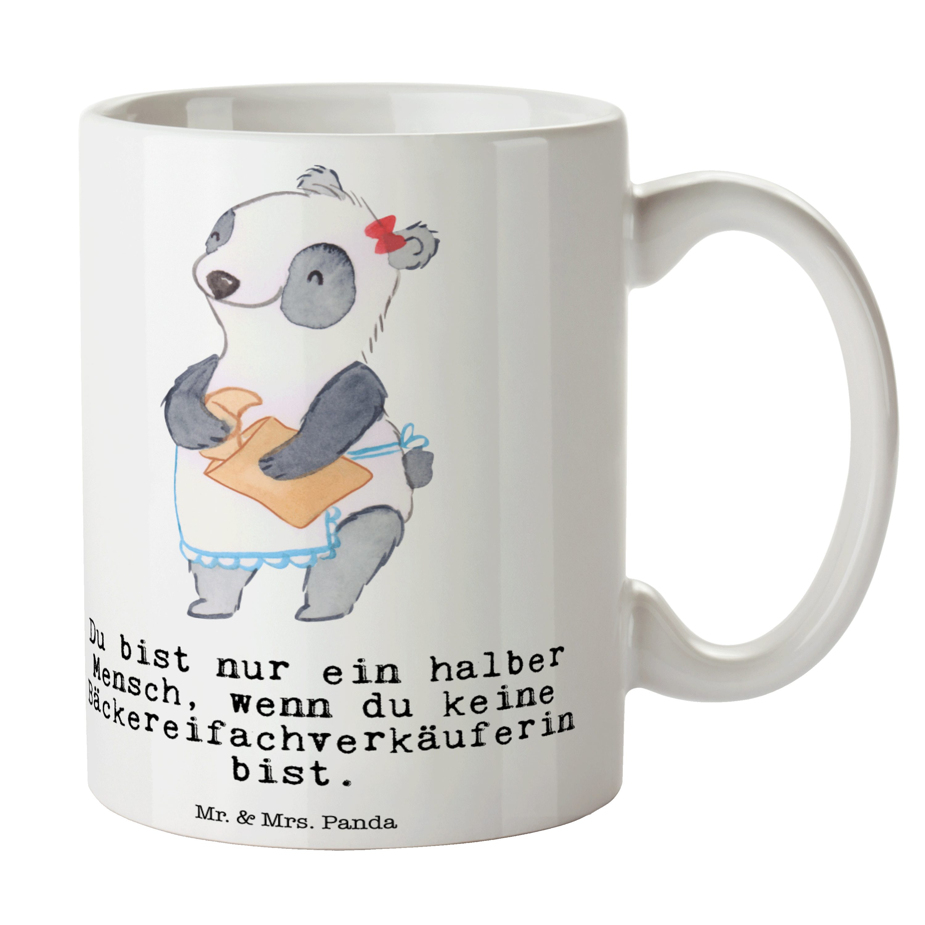 Mr. & Mrs. Panda Tasse Bäckereifachverkäuferin mit Herz - Weiß - Geschenk, Rente, Tasse Sprü, Keramik