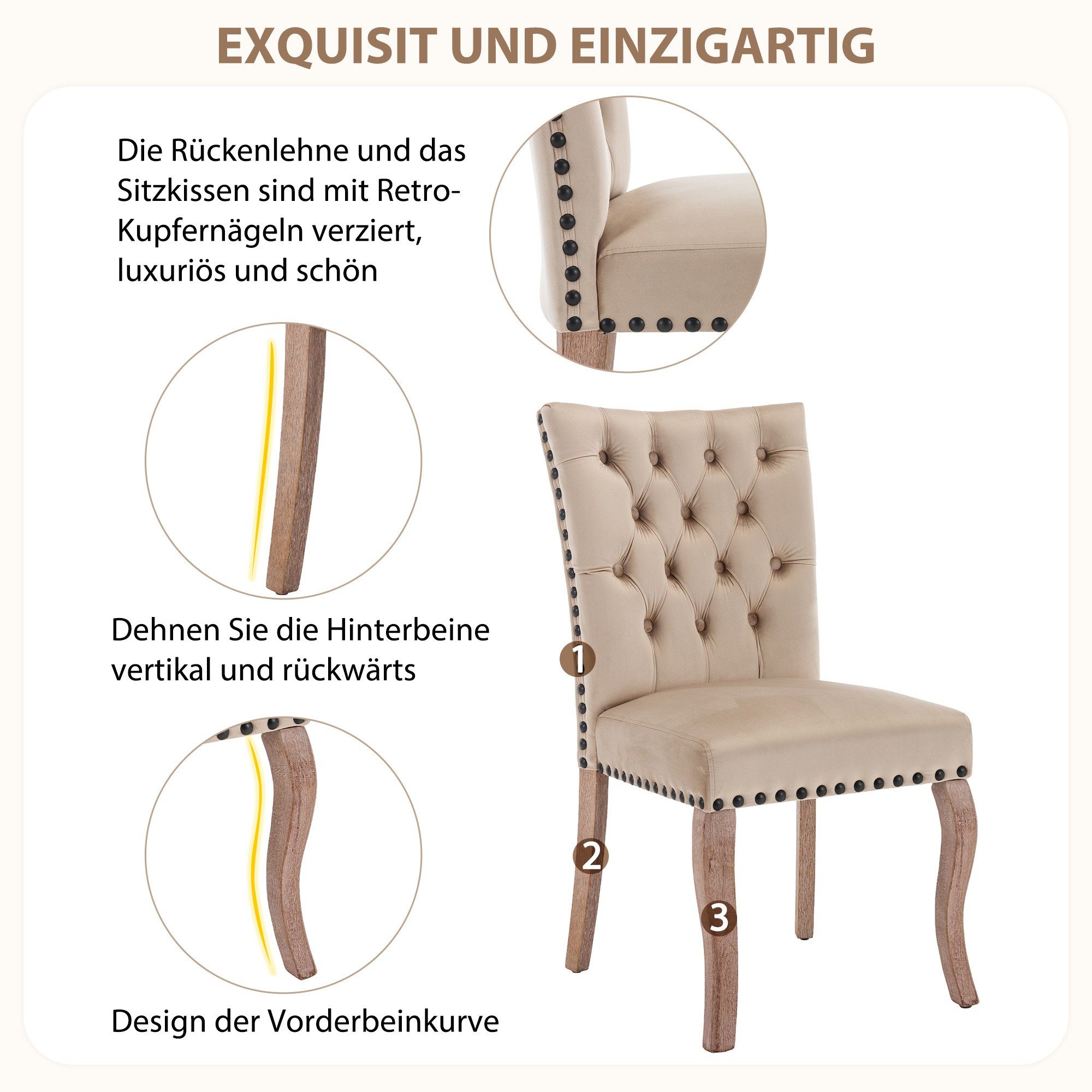 BlingBin Esszimmerstuhl Polsterstuhl mit Nagelkopfbesatz, Küchenstuhl (Stuhl, Wohnzimmerstuhl, 2 St), mit Nagelkopfbesatz, Beinen aus Massivholz, Bezug aus Samt
