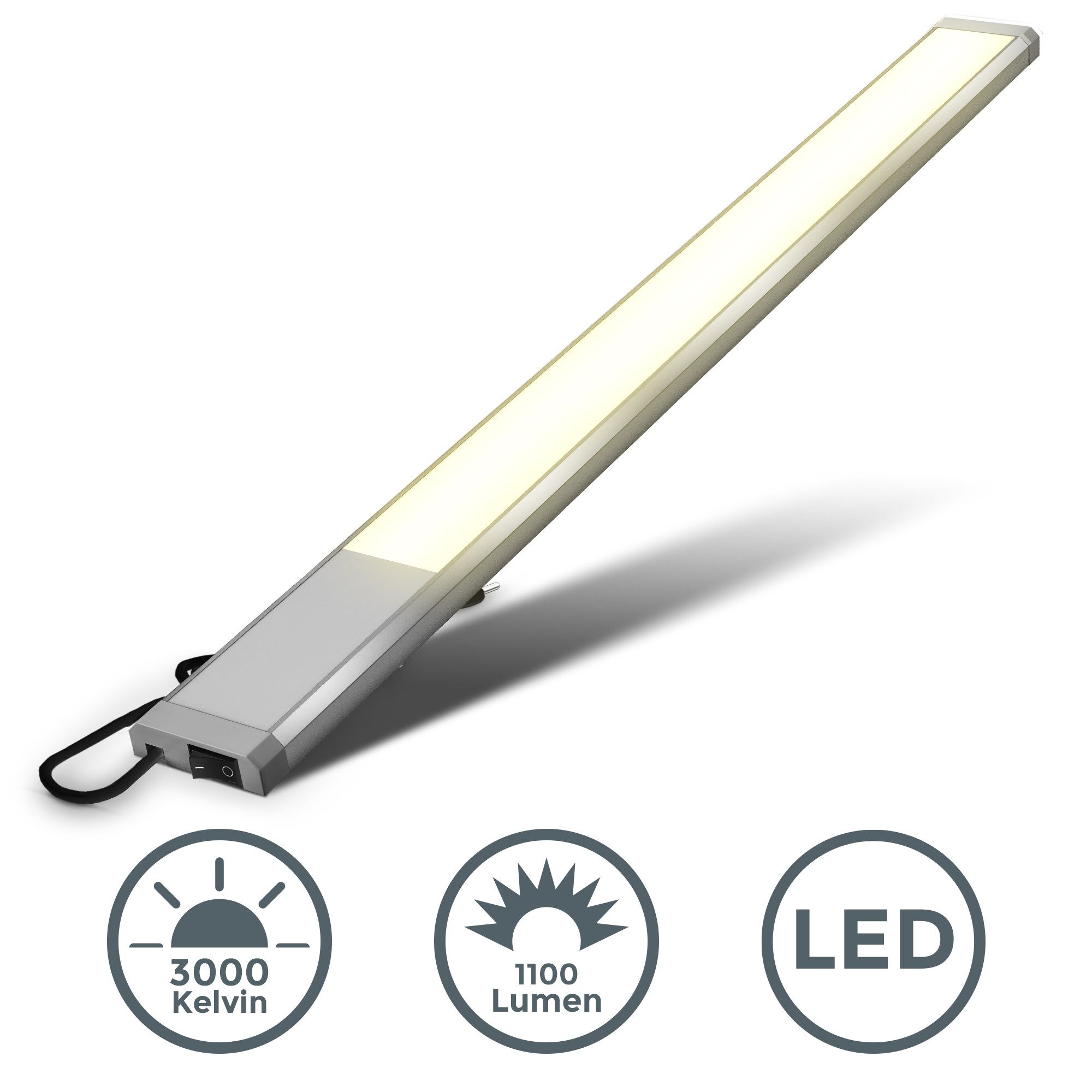 B.K.Licht LED Unterbauleuchte Küche 575mm 10W 1100lm moderne Lichtleiste Bad flach 13mm, LED fest integriert, 3000K - Warmweiß, Unterbaulampe Küchenlampe Werkstattlampe Regal An/Aus Schalter silber