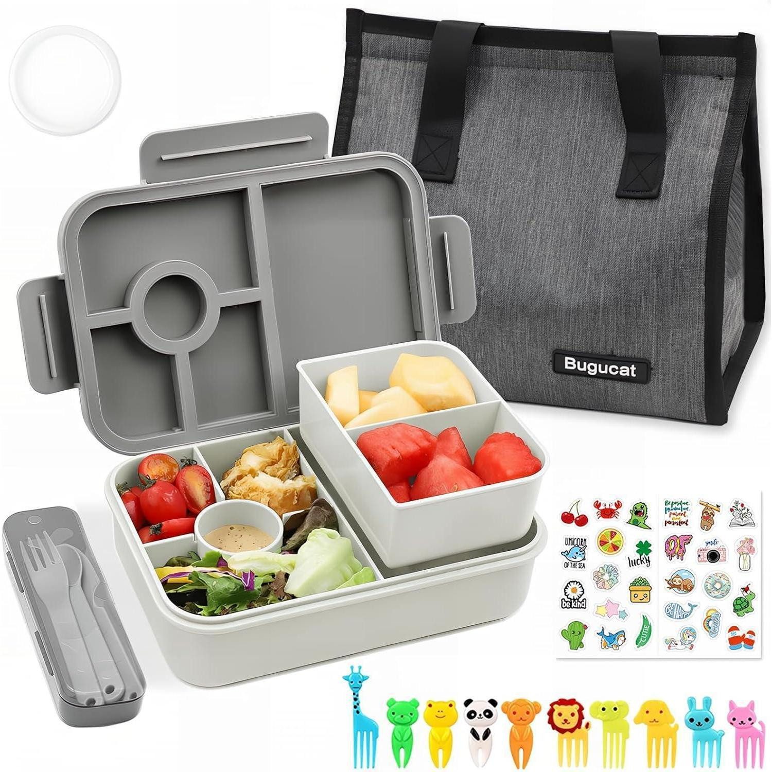 LuxusKollektion Lunchbox Brotdose Kinder 1300ml Fächer Auslaufsicher Bento Besteck Set grau