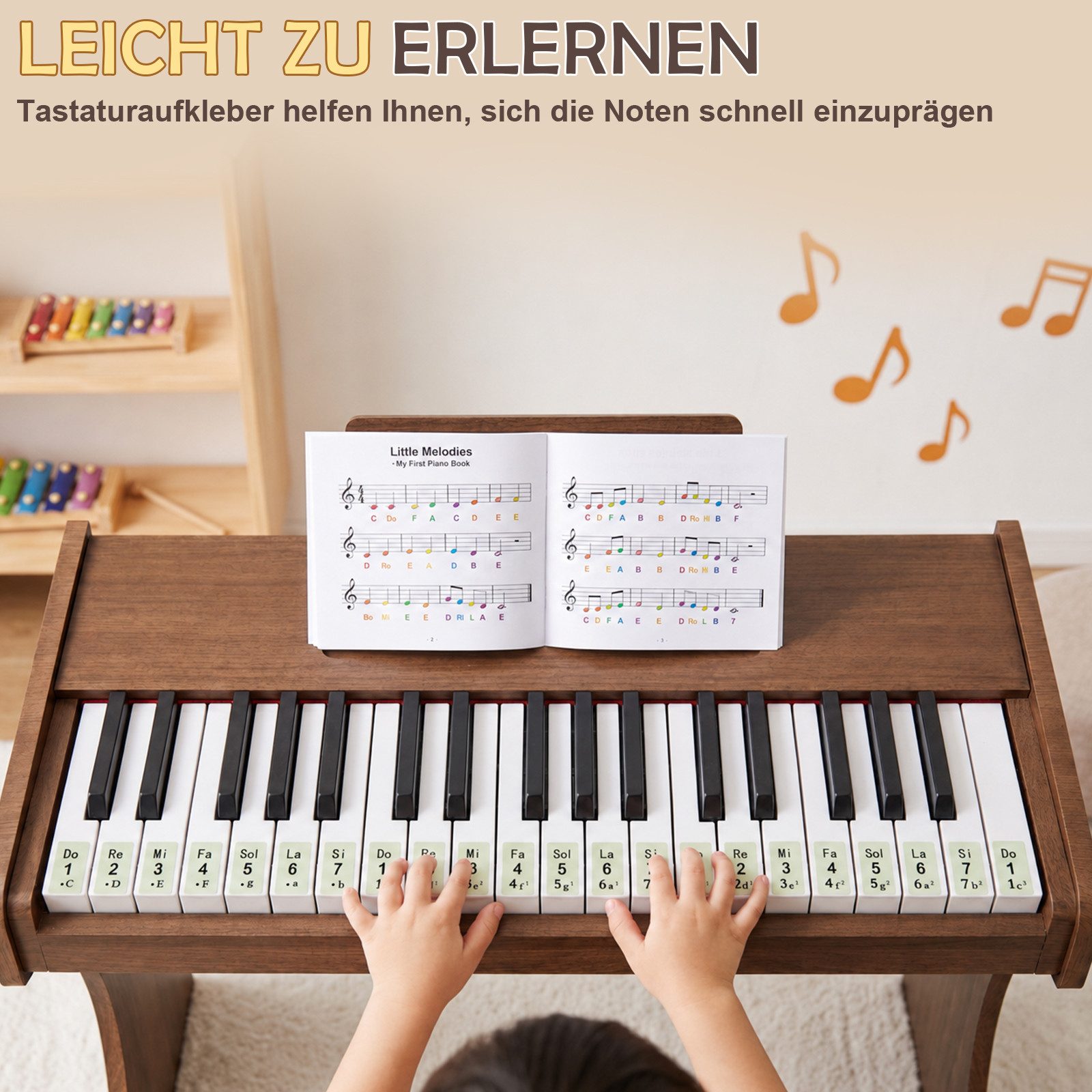 LALAHO Digitalpiano Kinder E-Piano 37 Tasten Kinder Klavier Komplett Set, Kinder-Keyboard,Kinderklavier aus Holz für ab 3 Jahren – Bild 4 von 5