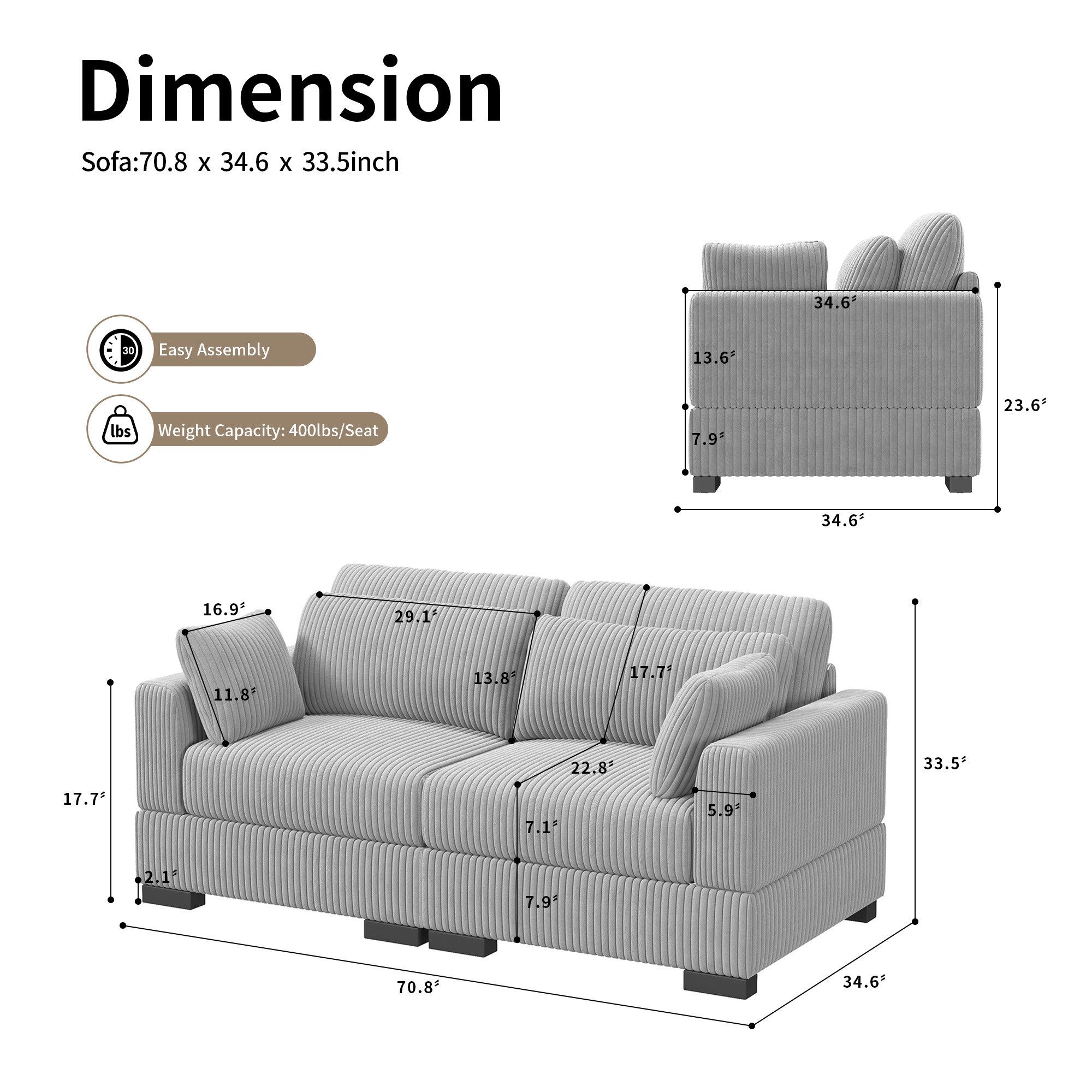 FUROKOY 2-Sitzer Polstersessel Sofa Ecksofa Polstersofa Cord mit Kissen und günstig online kaufen