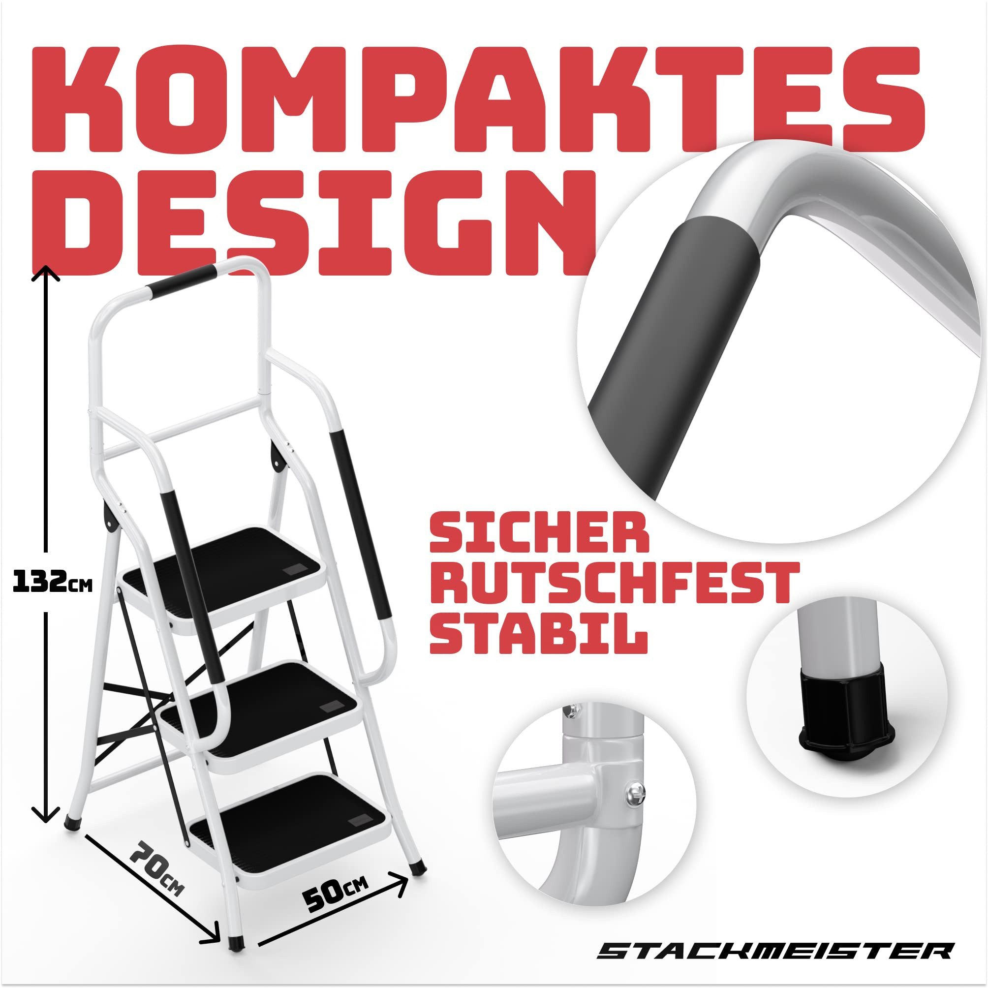Stackmeister Klapptritt Sicherheitsleiter (TÜV zertifiziert, belastbar 150kg, 3-stufig erhältlich), rutschfeste Trittleiter mit Handlauf, klappbar