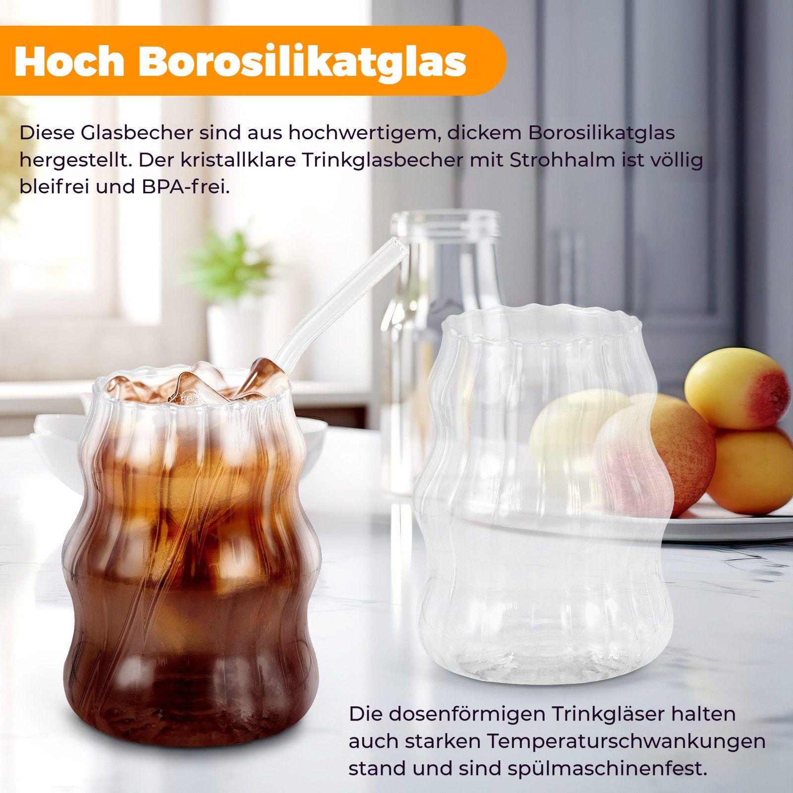 BlingBin Latte-Macchiato-Tasse Gerippte Trinkgläser Getränkegläser, Espressotassen Gläser Set, 2-tlg., Glas, Kaffeetassen Mit 2 Straws Für Cappuccino, Latte, Kaffee, Milch, 530ML