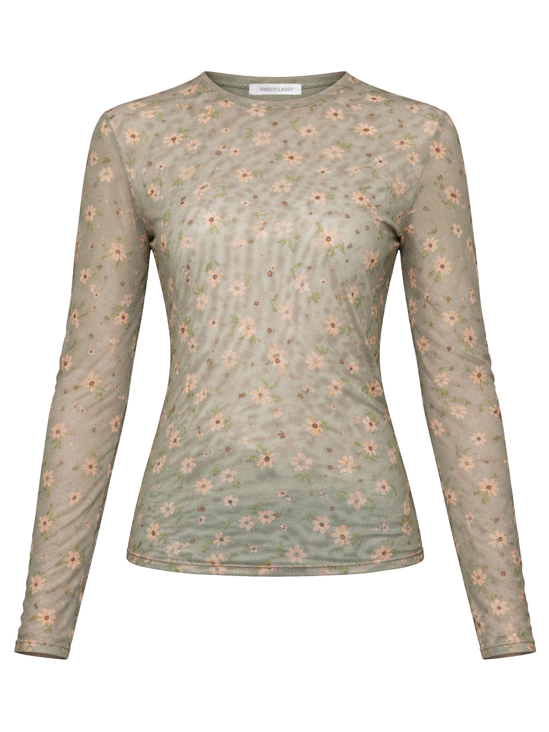 SASSYCLASSY Langarmshirt Mesh Langarmshirt mit Blumen-Print für Damen Vespieltes Shirt mit gefütterter Vorderseite und Rundhalsausschnitt – Bild 2 von 5