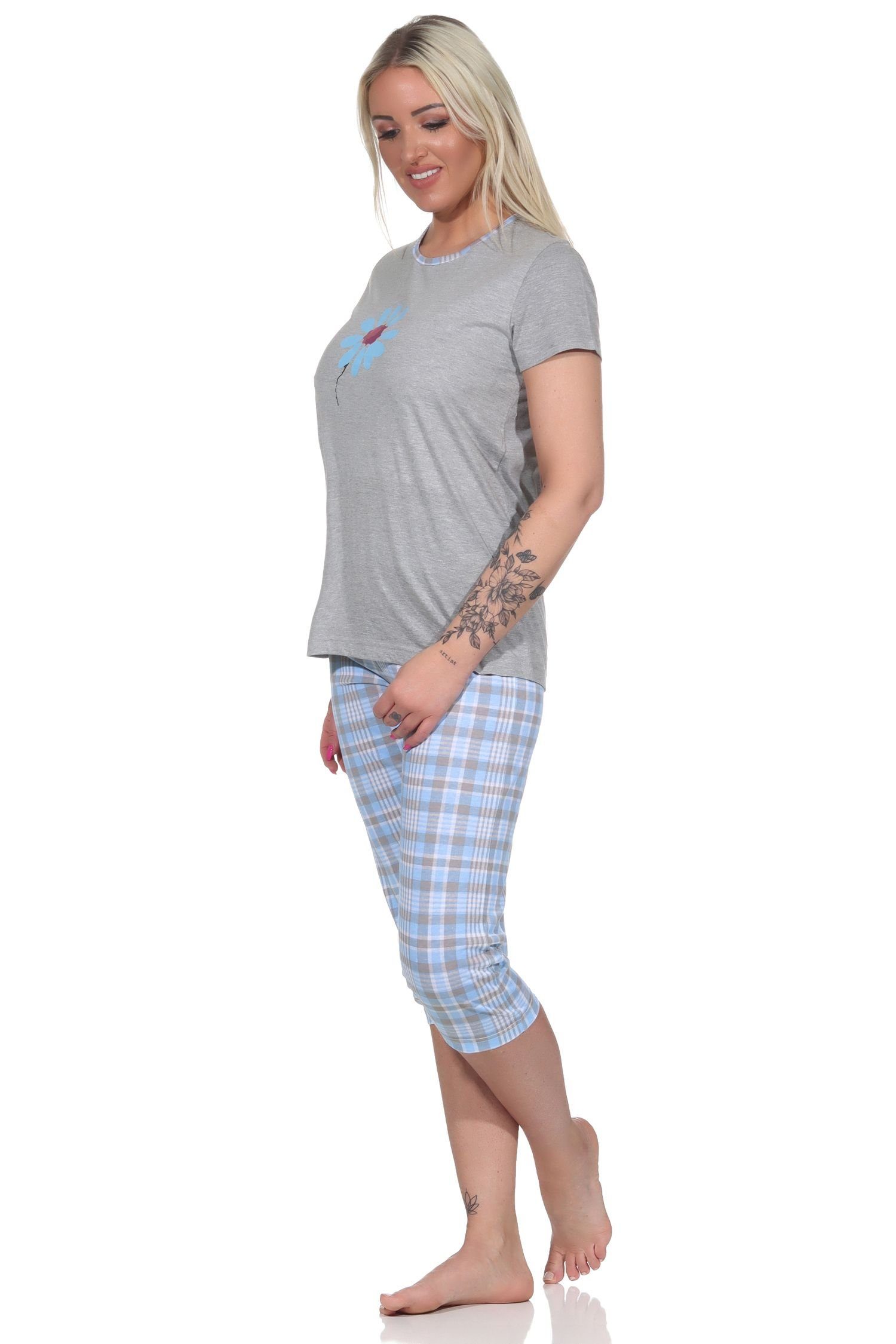 mit Damen hellblau Karo Schlafanzug Capri und Pyjama Caprihose Front-Print Pyjama Normann