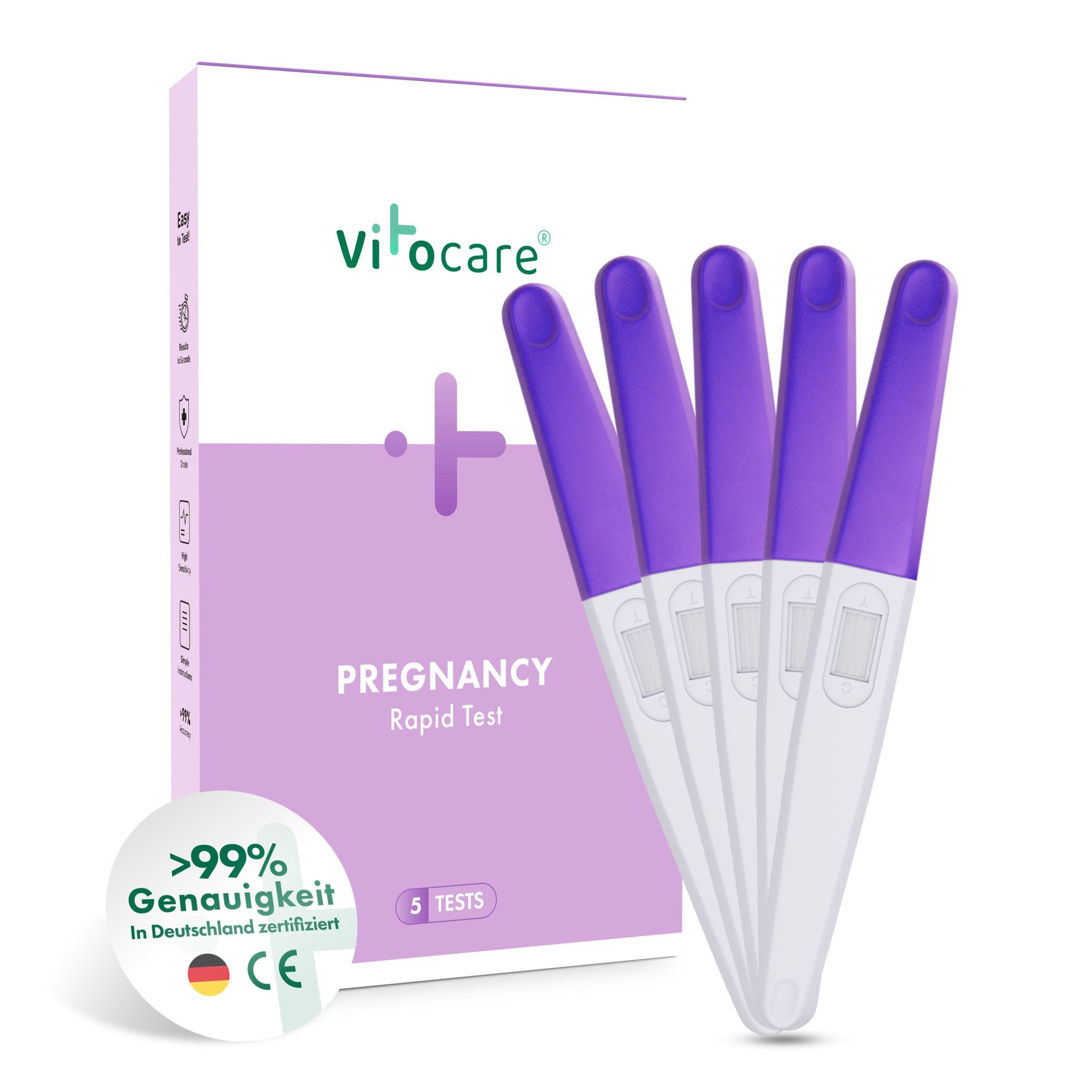 Vitocare Schwangerschaftstest Schwangerschaftstest Frühtest hCG, 5er f. Zuhause, 5-tlg., Ergebnis in nur 3 min.