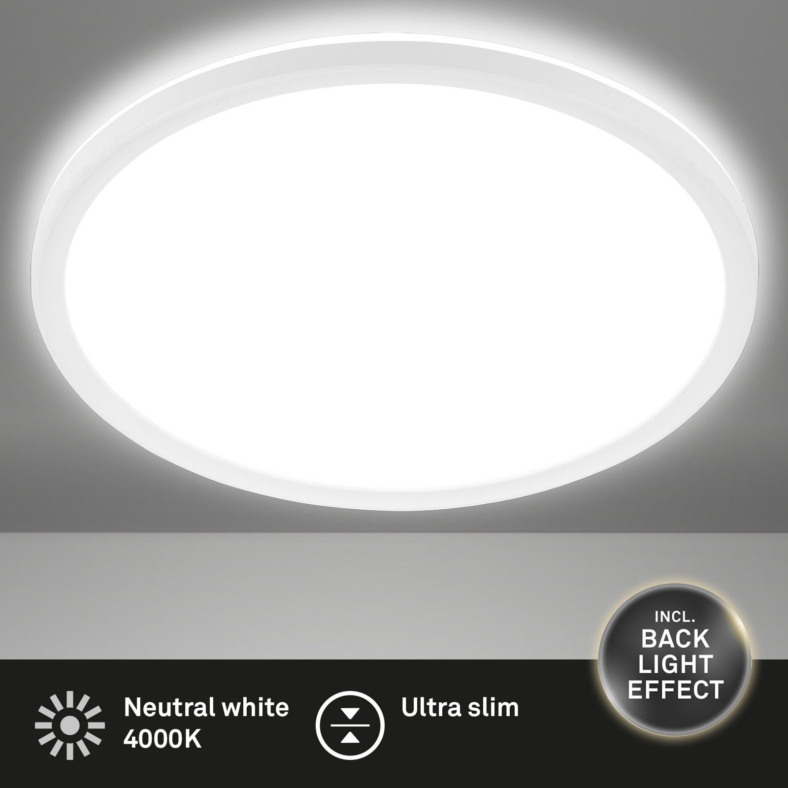 Briloner Leuchten LED Panel 3428016 SLIM, LED fest integriert, Neutralweiß,  ultraflach, mit Backlighteffekt, weiß, 48 cm, LED Deckenlampe ultraflach  mit Hintergrundbeleuchtungseffekt