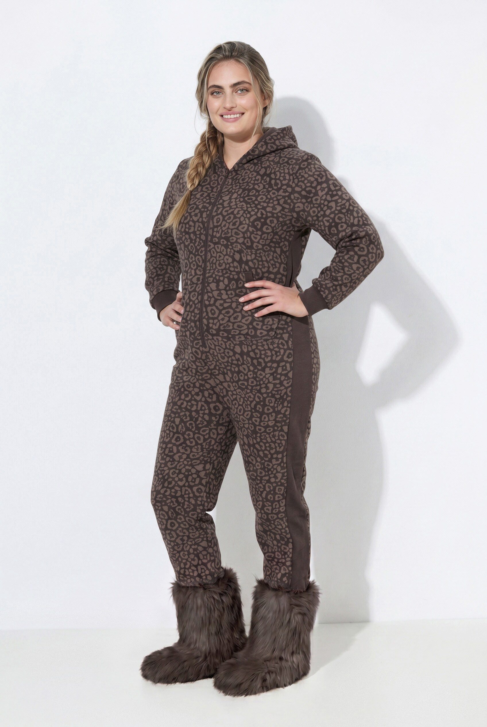 Ulla Popken Overall Sweat-Onesie Kunstfellbesatzfutter Kapuze Langarm