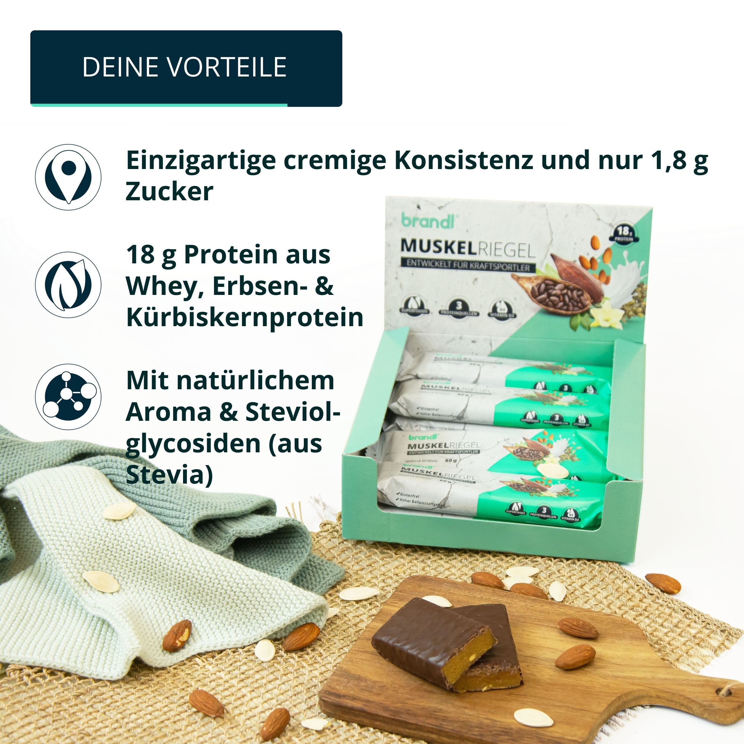 Brandl Nutrition Eiweiß-Riegel für Sportler ohne künstliche Süßstoffe – Proteinriegel Riegel, Proteinriegel mit 18g Eiweiß aus 3 Quellen - 12 x 60g Riegel