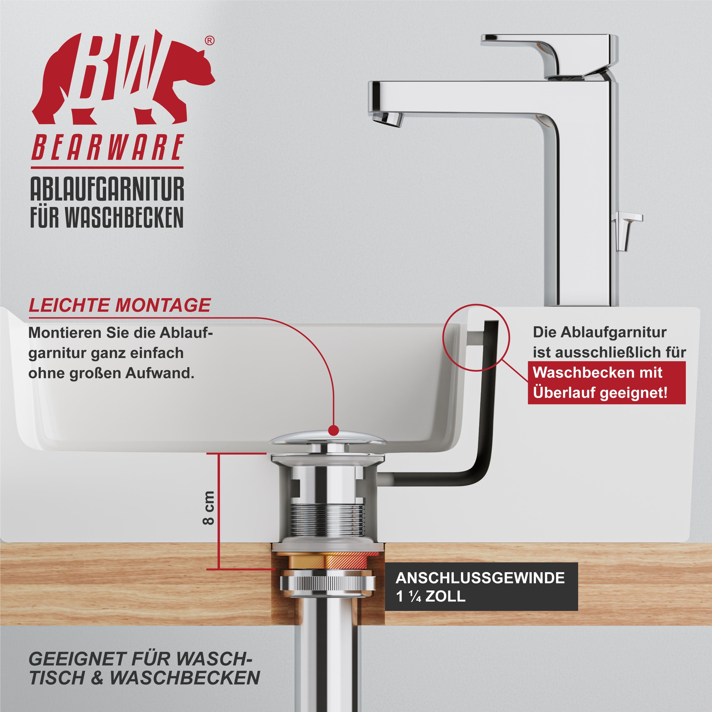 BEARWARE Ablaufgarnitur mit Überlauf Stöpsel, Messing verchromt, 1¼ Zoll, Ablaufventil, Pop Up für Waschbecken Spüle Küche Bad, Ersatzdichtungen, Chrom