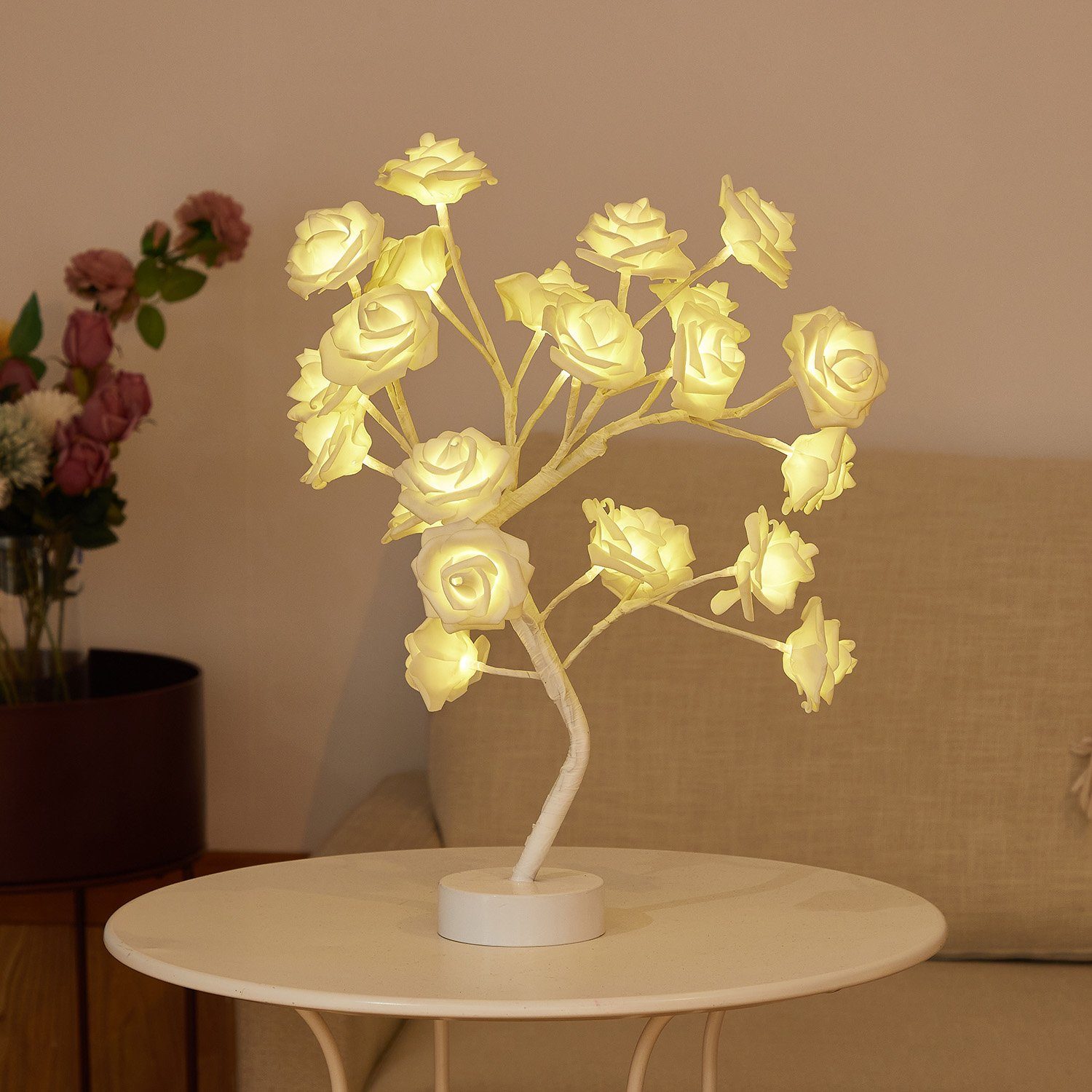 Dekor,Valentinstag LED Tischleuchte Hochzeit Geschenk Home Nachtlicht, Künstliche Rosnek Blume, Tisch-Bonsai-Baum Rose Warmweiß, Party LED