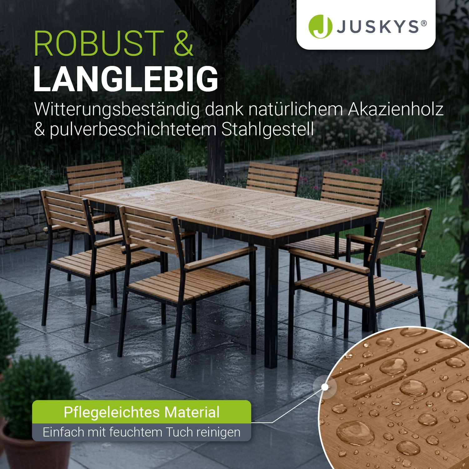Juskys Gartenlounge-Set Rhodos, (Set, 7-tlg., Sitzgruppe), mit Tisch, 6 Stühlen & Kissen, elegante Holzelemente