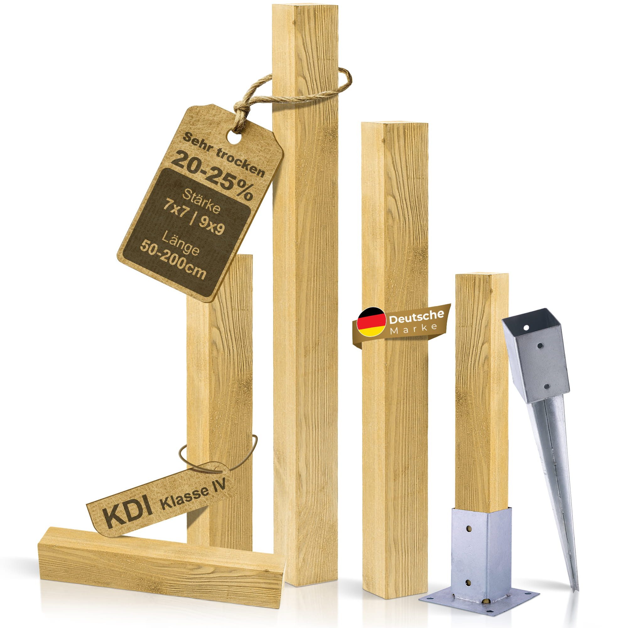 BooGardi Zaunpfosten Holzpfosten imprägniert KDI, (1-St., 7x7x60cm · Vierkantpfosten ohne Zubehör), Größenwahl Kantholz Holzbalken 7x7 9x9 Bauholz