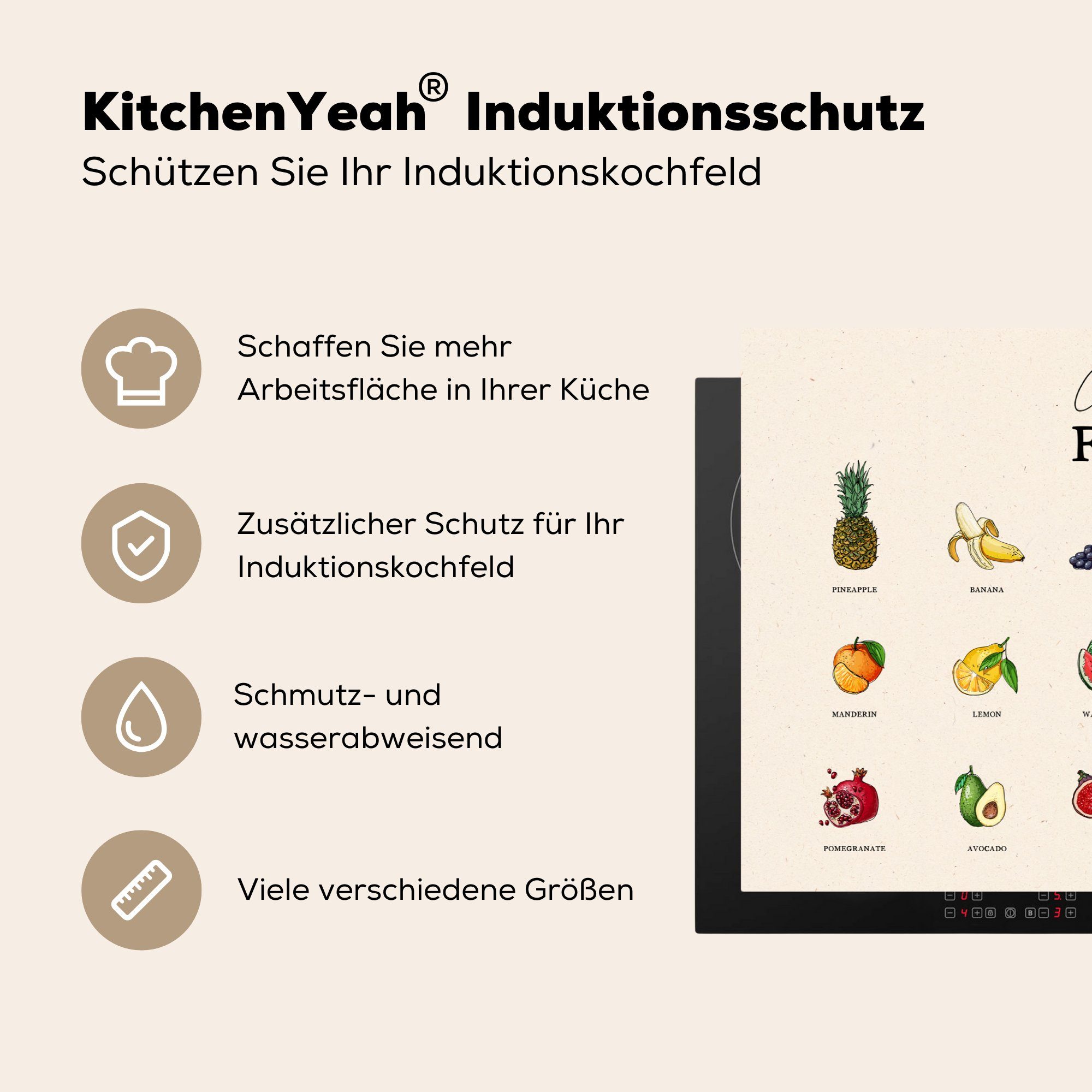 Vinyl, Herdblende-/Abdeckplatte die Induktionskochfeld Schutz - für Ceranfeldabdeckung 81x52 cm, - MuchoWow Küche, (1 küche, Obst Lebensmittel tlg),
