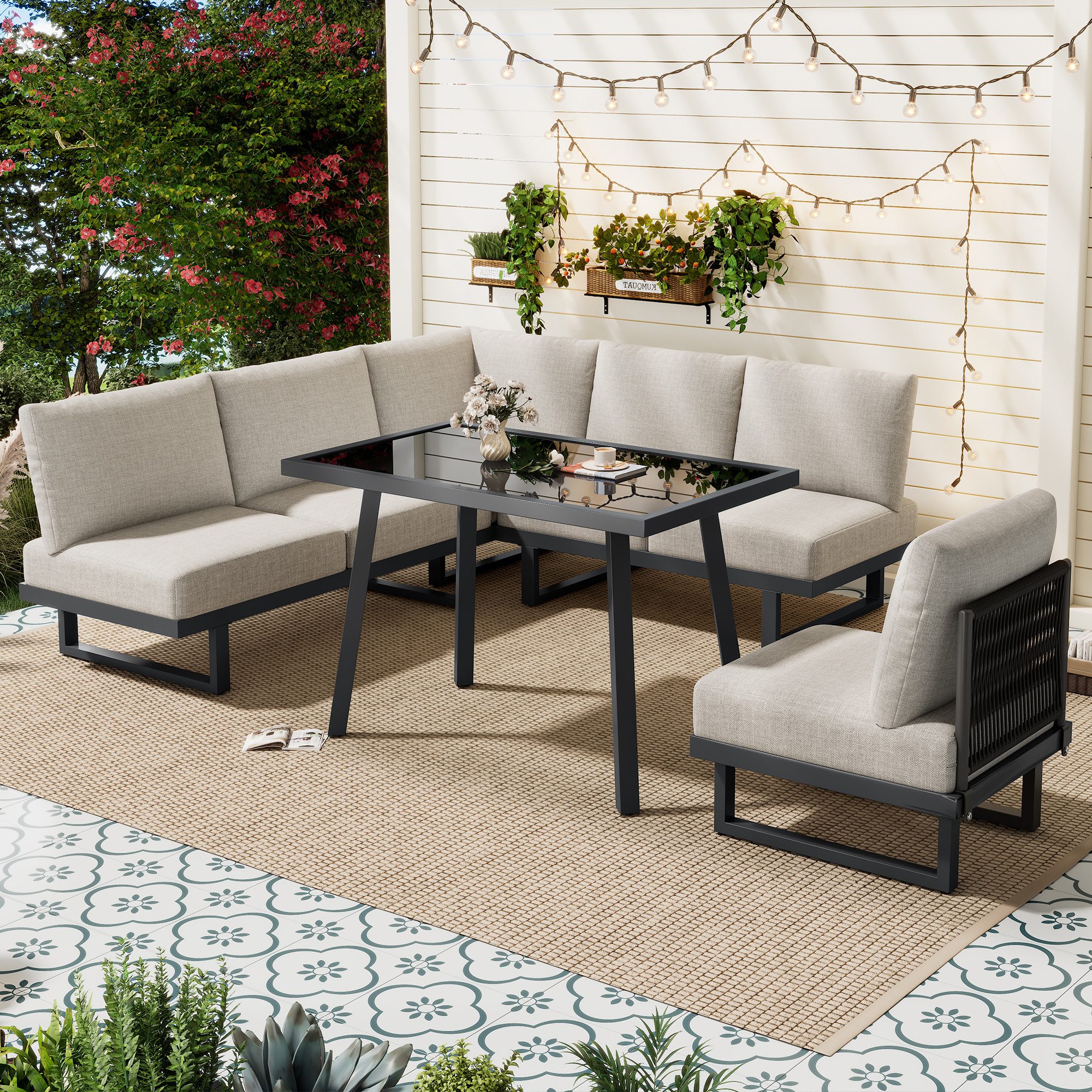 MODFU Gartenlounge-Set mit Tisch, grau, wandelbar zum Liegebett, (Outdoor-Sofa-Set, Balkonset, Outdoor-Relaxbett, 5-tlg., Vielseitiges Gartenmöbel-Set für Terrasse & Balkon), Ecksofa, Relaxbett, Esstisch, umwandelbar in Liegebett