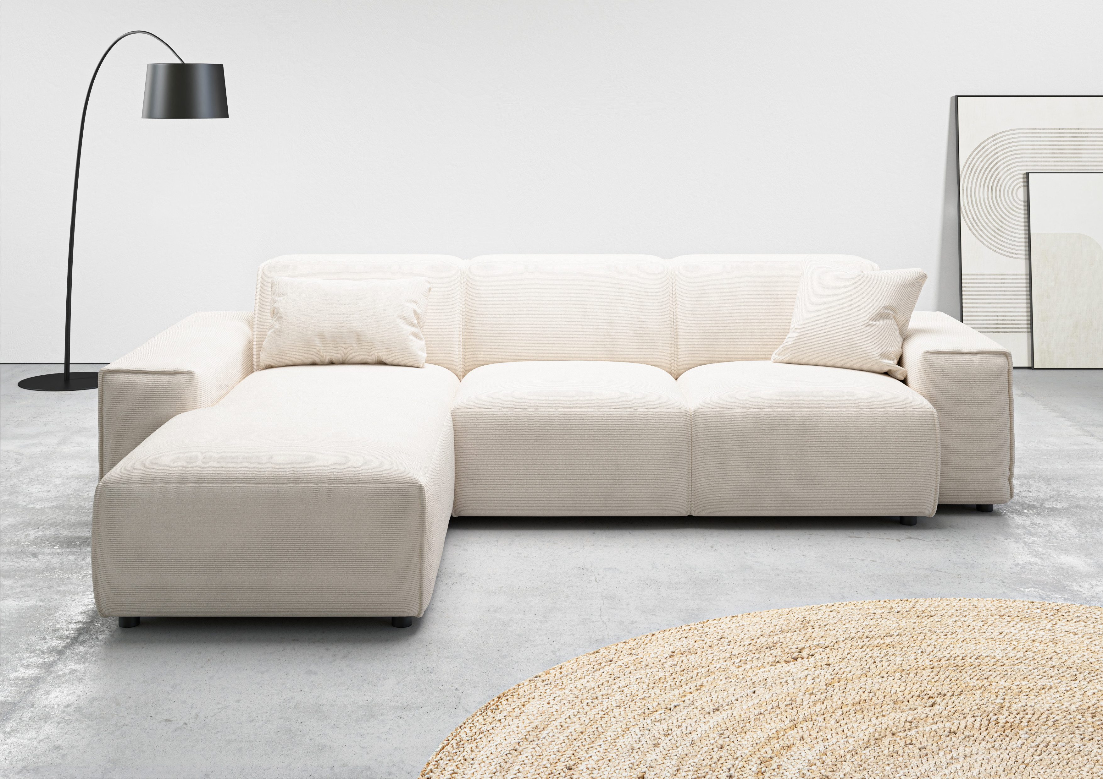 andas Ecksofa Glimminge L-Form auch in Breitcord, Feincord + Easy care-Bezug, Breite 264, Zierkissen