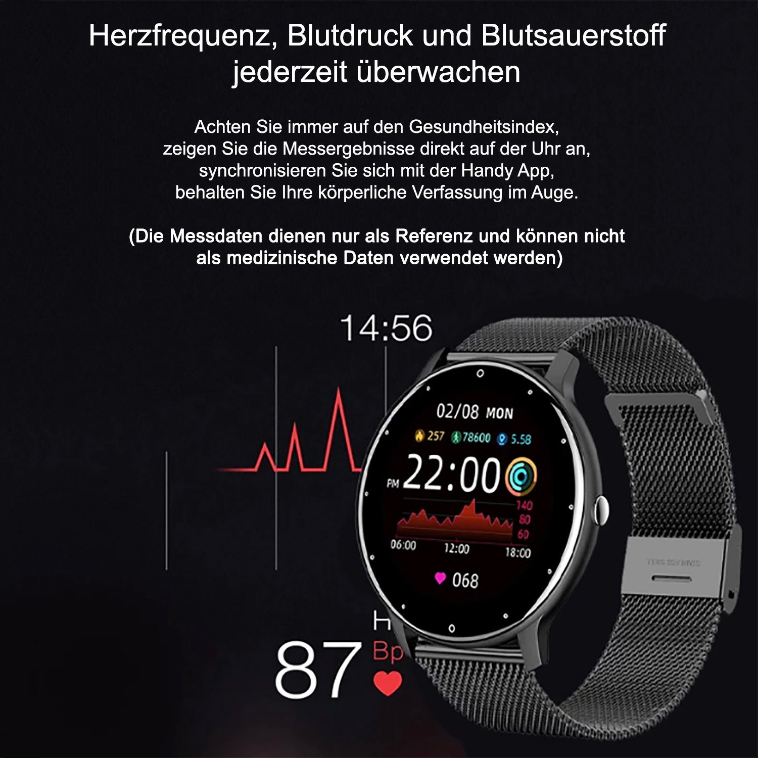 TPFNet SW06 mit Milanaise Armband + Silikon Armband Smartwatch (Android), individuelles Display - Armbanduhr mit Musiksteuerung, Herzfrequenz, Schrittzähler, Kalorien, Social Media etc., Rosa