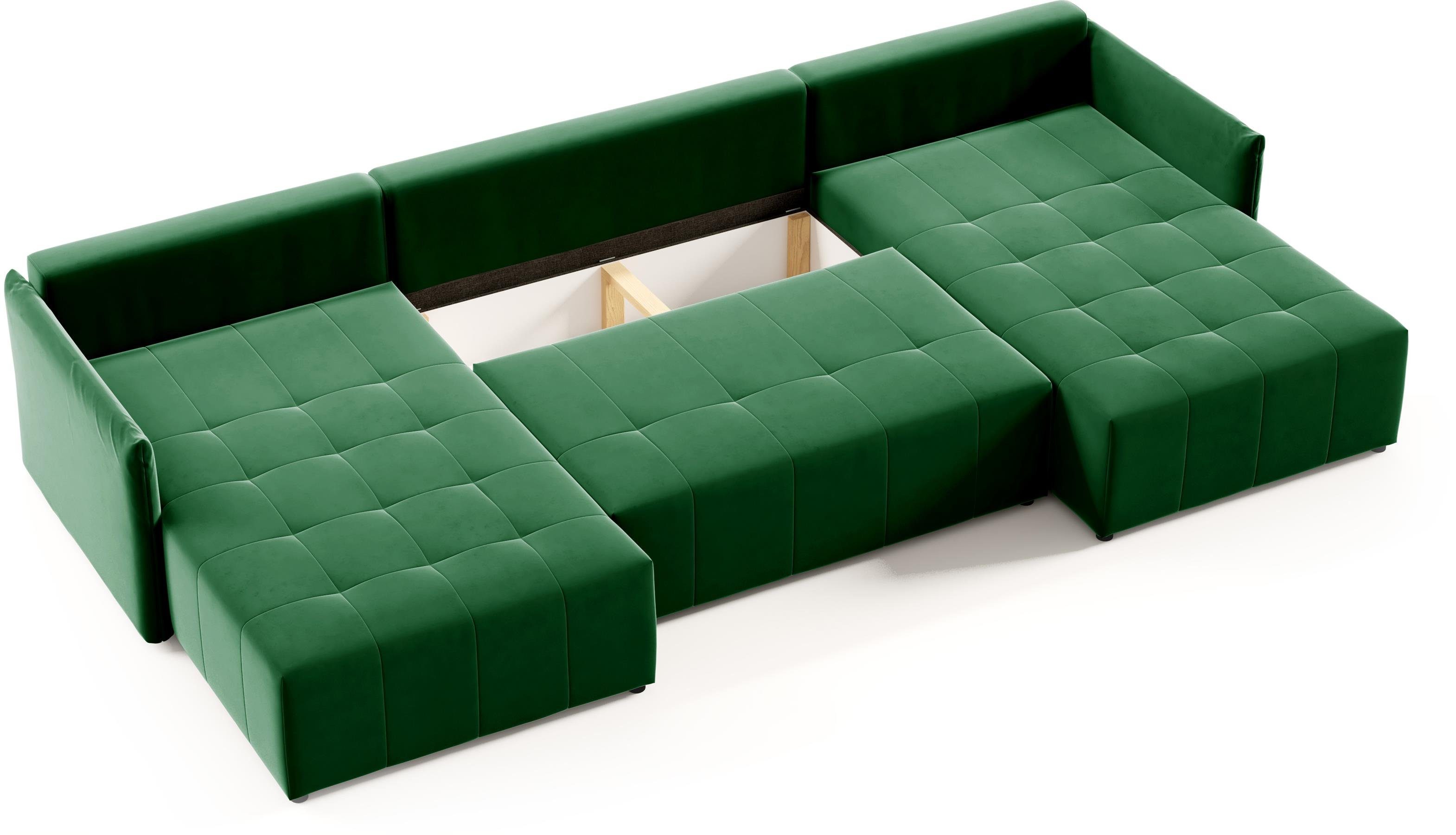 Sofa U-Form, Compleo grün NAPOLI Velourstoff Ecksofa Ecksofa Schlaffunktion aus mit