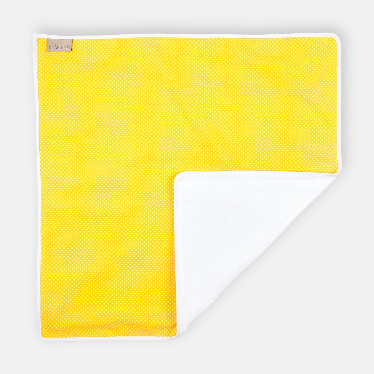 KraftKids Wickelauflage weiße Punkte auf Gelb, Wickelunterlage aus 3 Stoffsichten 100% Baumwolle, Innen wasserundurchlässig, faltbar auch für Unterwegs