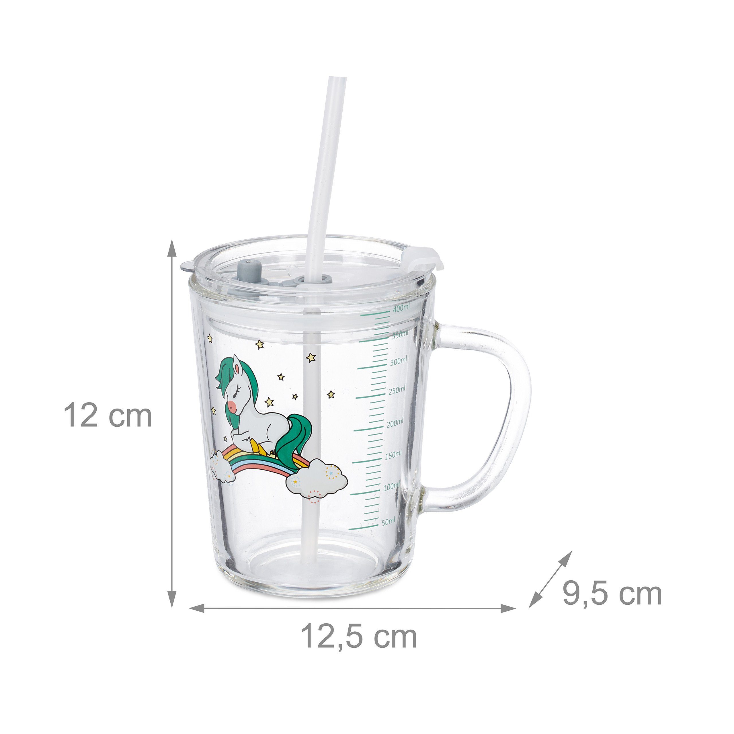 relaxdays Kinderbecher 2er Set Kindergläser mit Pferdemotiv, Glas