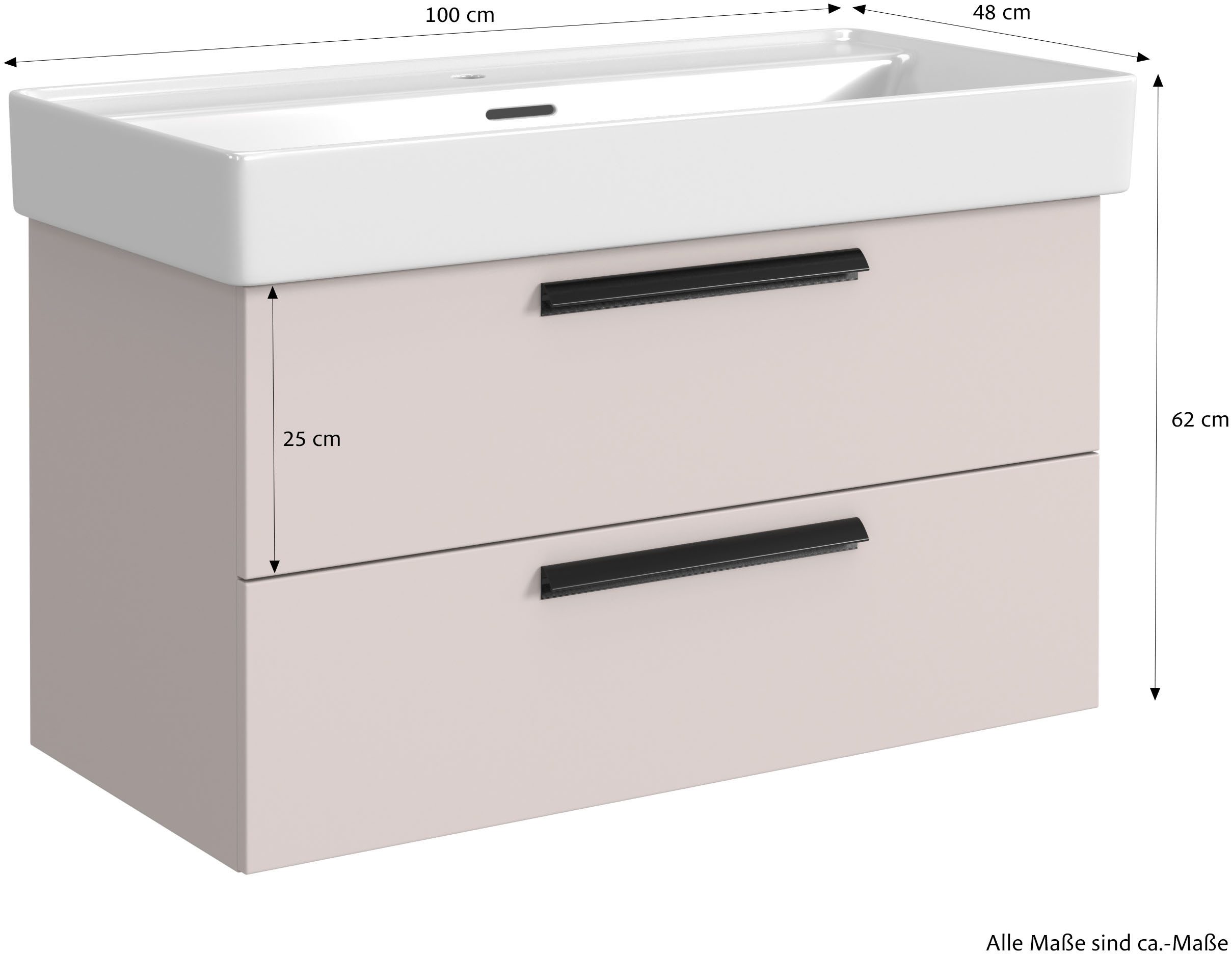 welltime Badmöbel-Set SALVADA, 2tlg-Set, gedämpfte Scharniere, Softclose, Keramikbecken, (Maße (B/T/H): 100/47,5/200 cm), Kaschmir, Keramikbecken 1 od. 2 Armaturlochbohrungen