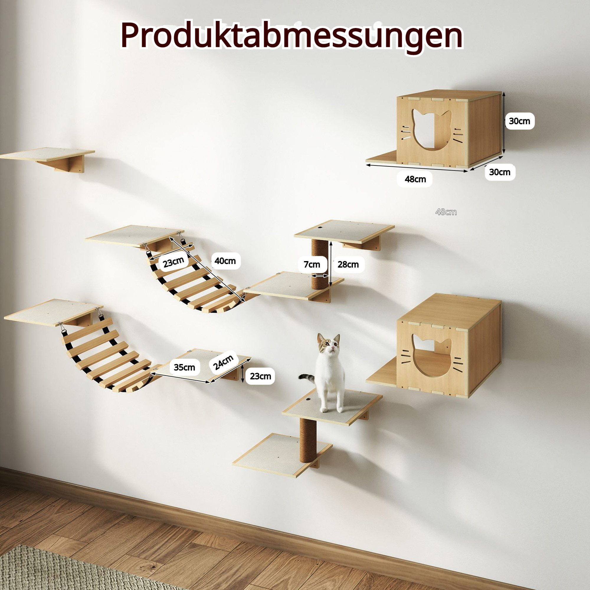 FURPAL Katzen-Kletterwand 12-teiliges Katzenregal-Set, Wandmontiertes Katzenspielzeug-Set, mit Katzenbrücke, Leiter, Korb, Katzenhaus und Kratzbaum