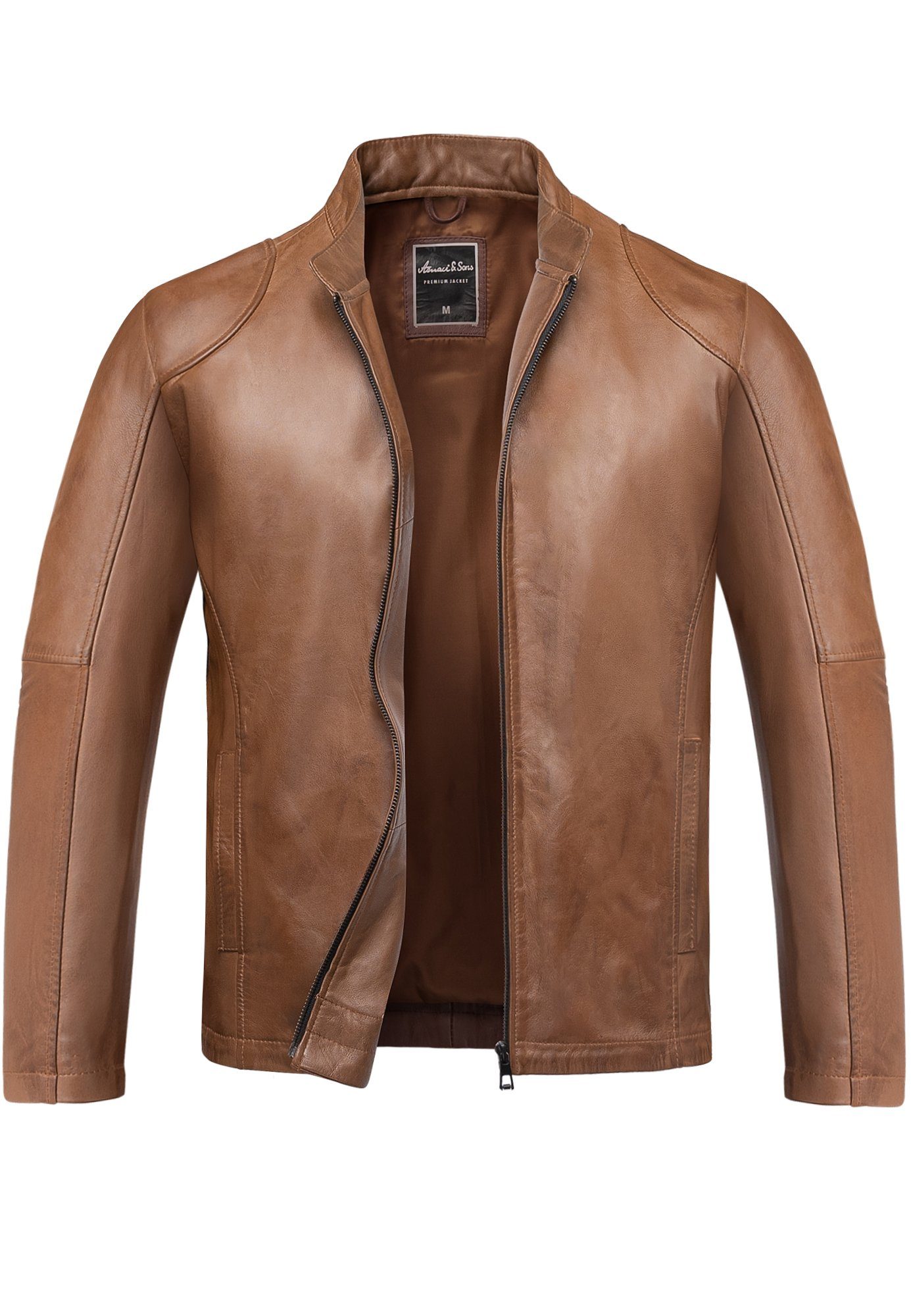 Zipper Herren Biker Cognac Echtleder Jacke Lederjacke OKEMOS Amaci&Sons Lederjacke