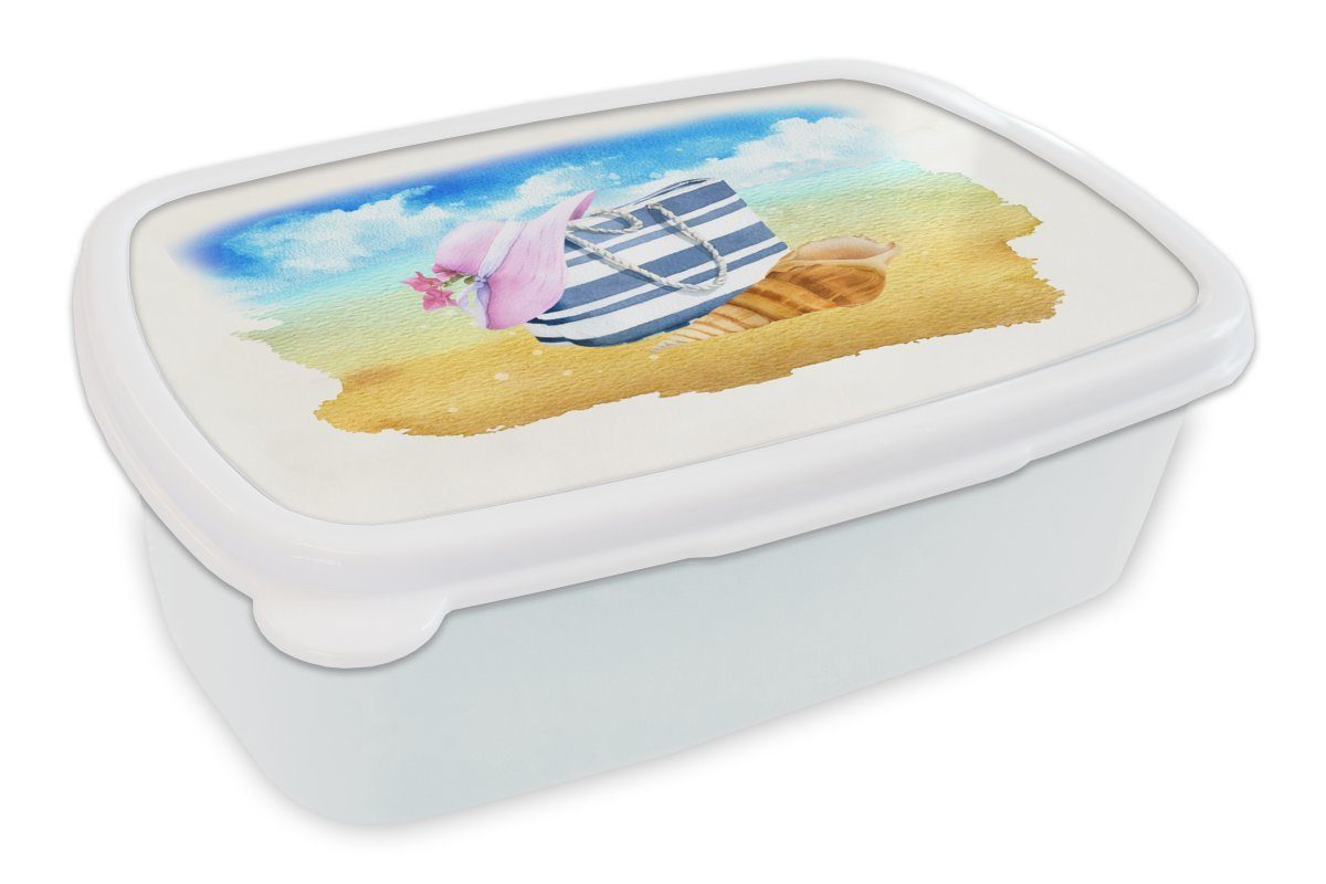 Strand, - Kunststoff, Jungs Erwachsene, und für Lunchbox Kinder weiß Hut Brotdose, - (2-tlg), Brotbox Mädchen und - MuchoWow Muschel für Tasche