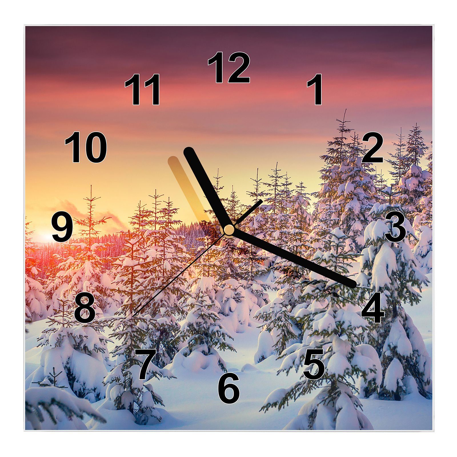 Primedeco Wanduhr Glasuhr Wanduhr Wandkunst Größe 30 x 30 cm mit Motiv Bunte Winterlandschaft