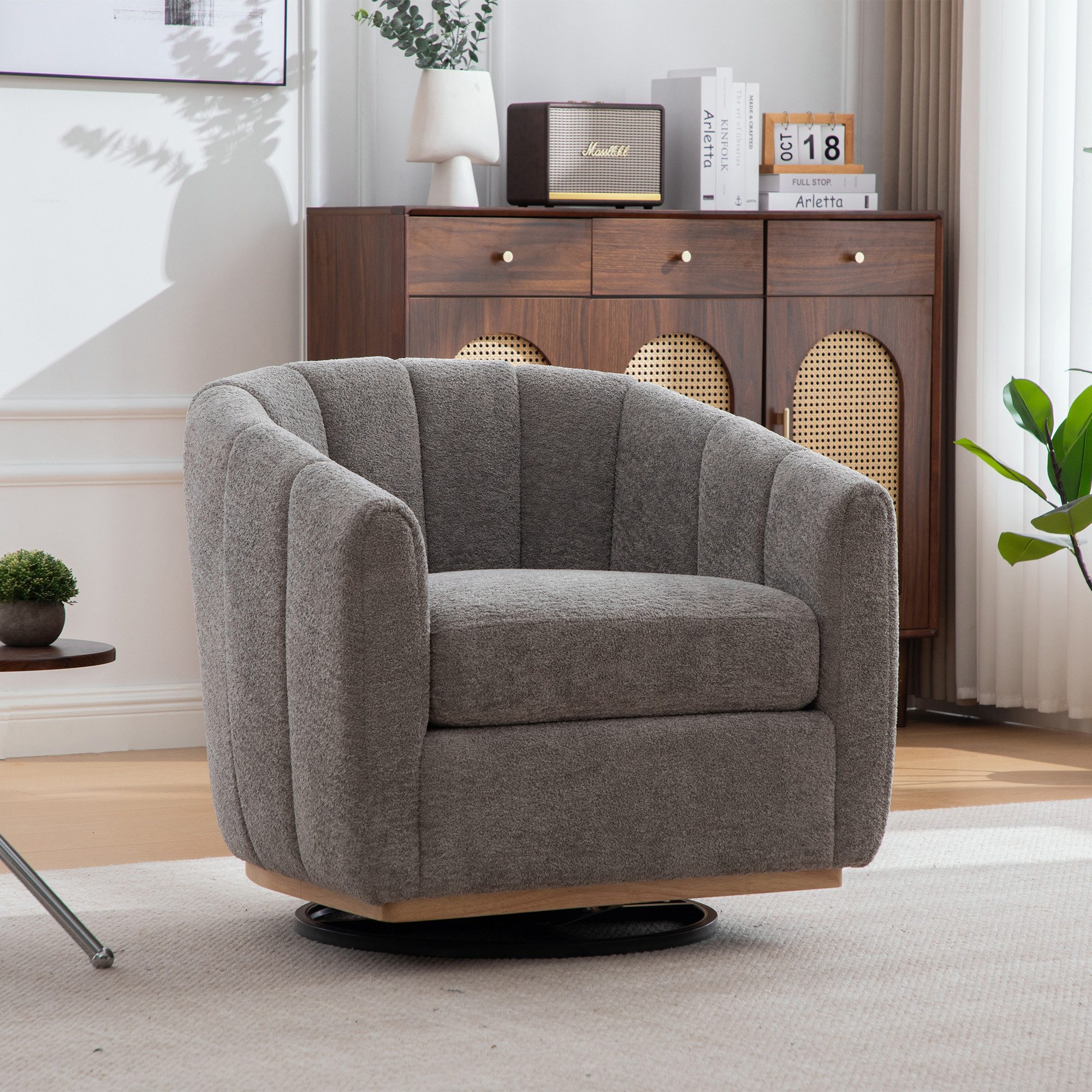 STILVORA Relaxsessel mit Metallfuß Chenille-Polsterhocker mit 360°-Drehfunktion grau (Loungesofa mit vollständiger Drehbereich, gepolsterter Fasssessel mit Quastenverzierung), für Wohnzimmer, Schlafzimmer, Heimkinos, Ateliers