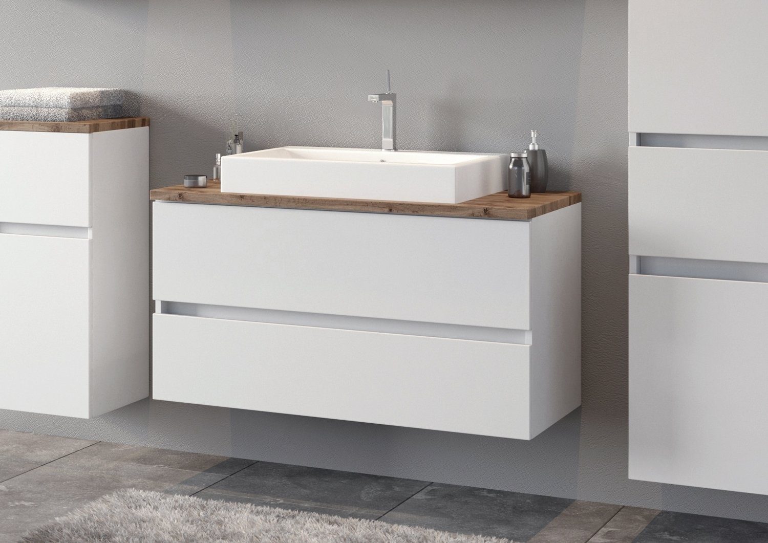 HELD MÖBEL Waschtisch-Set Badkombination PIENZA, Weiß, Wotan Eiche Dekor, (3-St), Spiegelschrank mit LED-Beleuchtung, mit Keramikwaschbecken