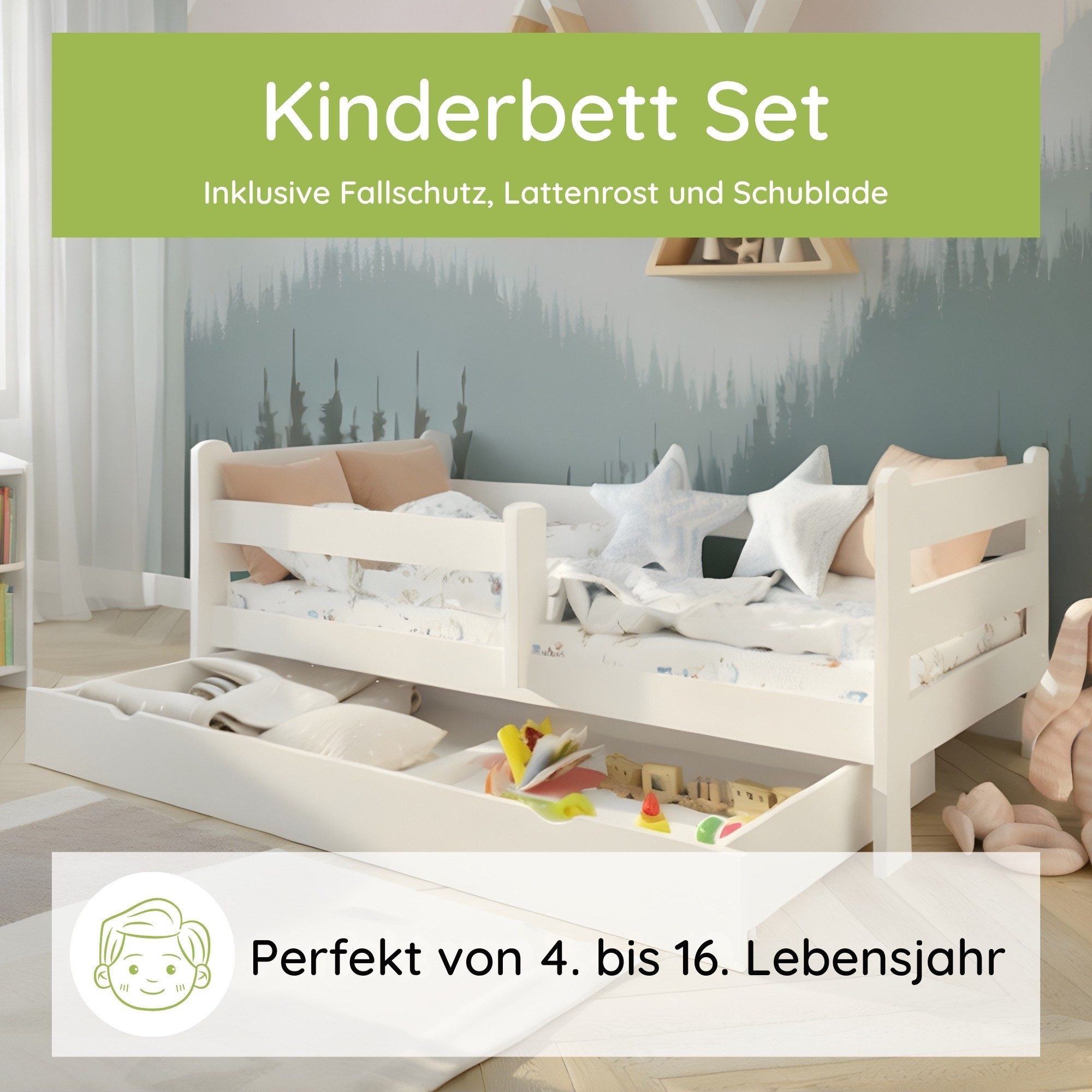 Kids Collective Kinderbett Kinder Jugendbett 80x160 und 90x200 cm Mit Schublade & Rausfallschutz, 90×200 cm, stabiles Kiefernholz, Weiß