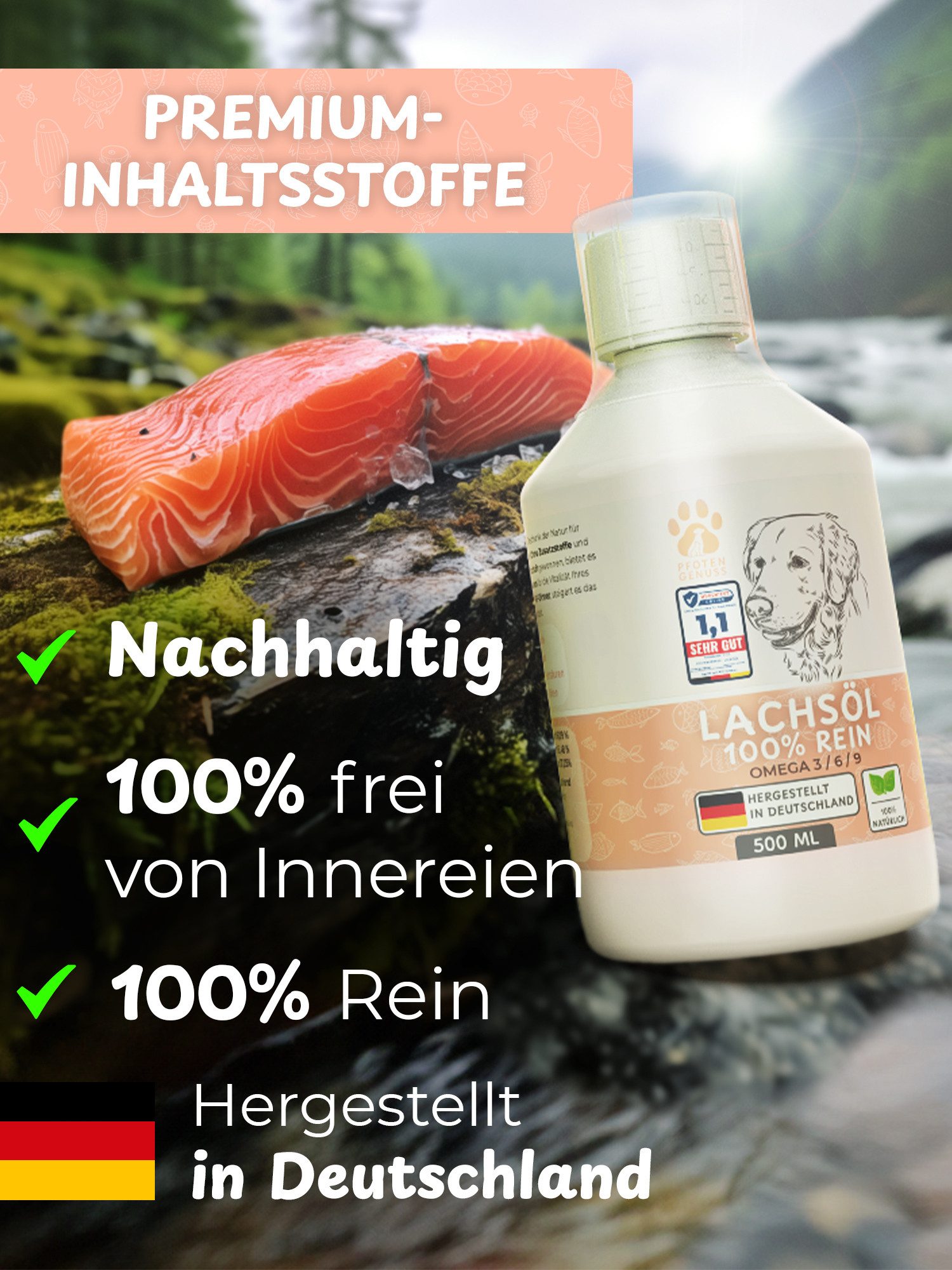 Pfotengenuss Fellpflege Hunde Lachsöl natürliche Omega 3, 6 & 9 abgefüllt in Deutschland, 250 ml, (hochwertige Zutaten für nötige Energie im aktiven Alltag, reich an Omega-Säuren, optimale Barf-Ergänzung), natürliches, hochdosiertes Lachs-Öl Barf-Öl für Haustiere
