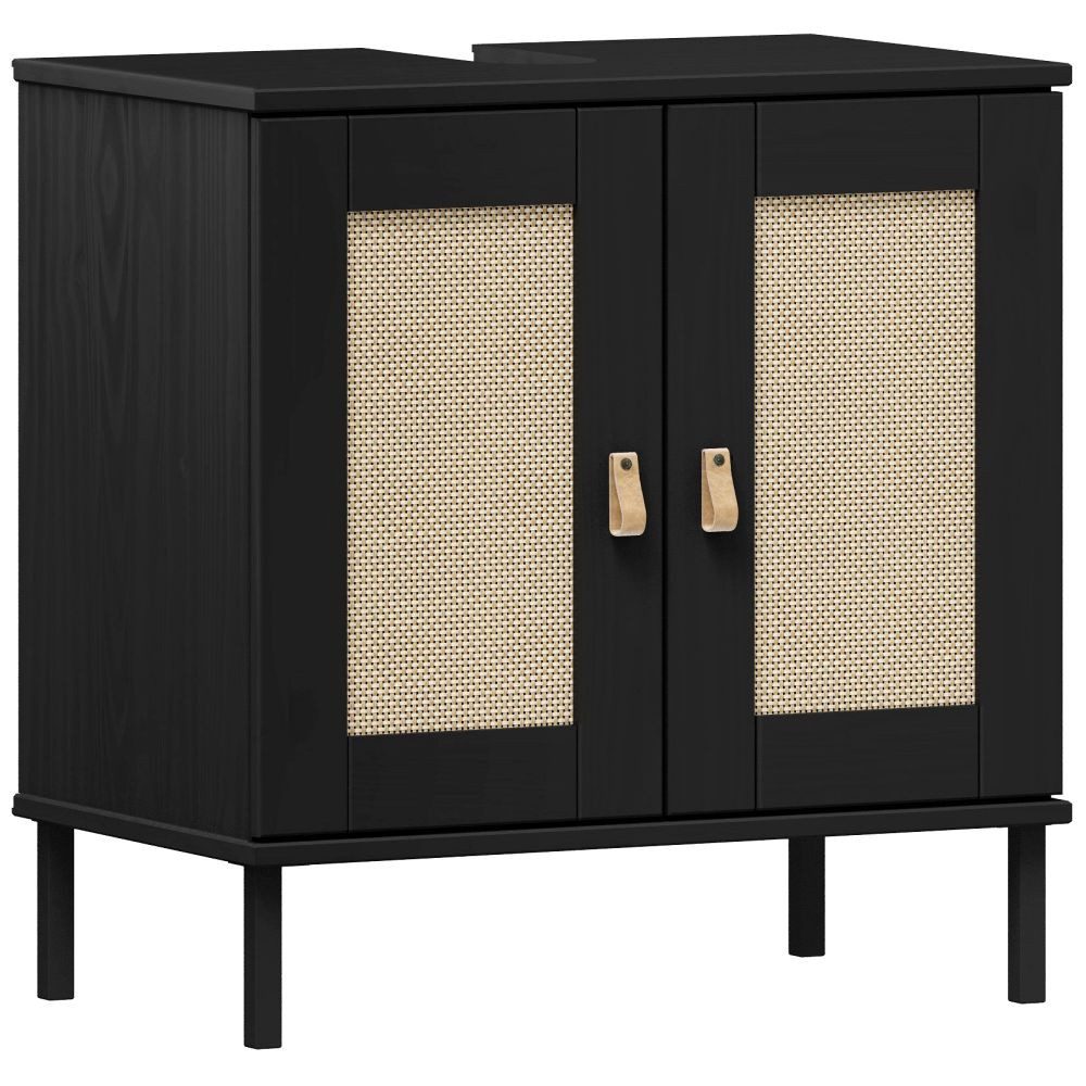 Lomadox Waschbeckenschrank WATFORD-69 Kiefer massiv schwarz, 60 cm breit, Rattaneinsatz, Boho-Chic, Badmöbel