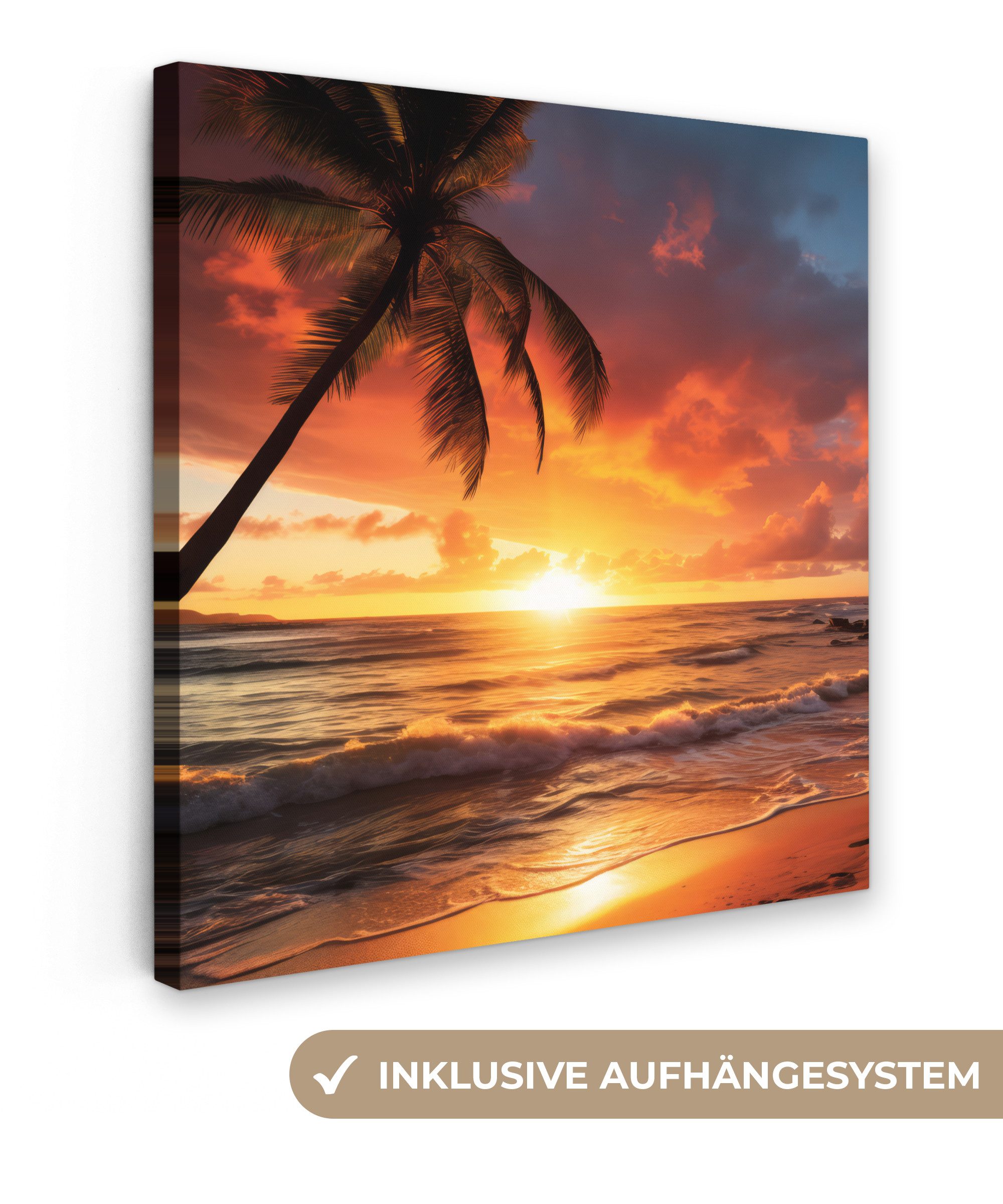 Leinwandbild Sonnenuntergang - Palmen - Strand - Meer