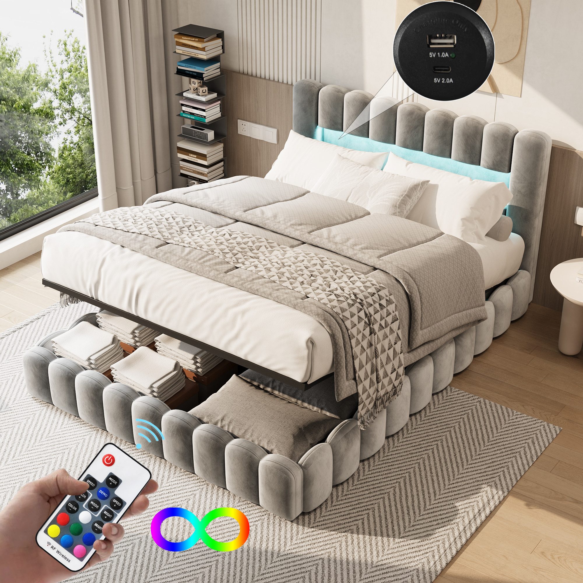 Gdood Polsterbett Stauraumbett Doppelbett LED, Leinenstoff günstig online kaufen