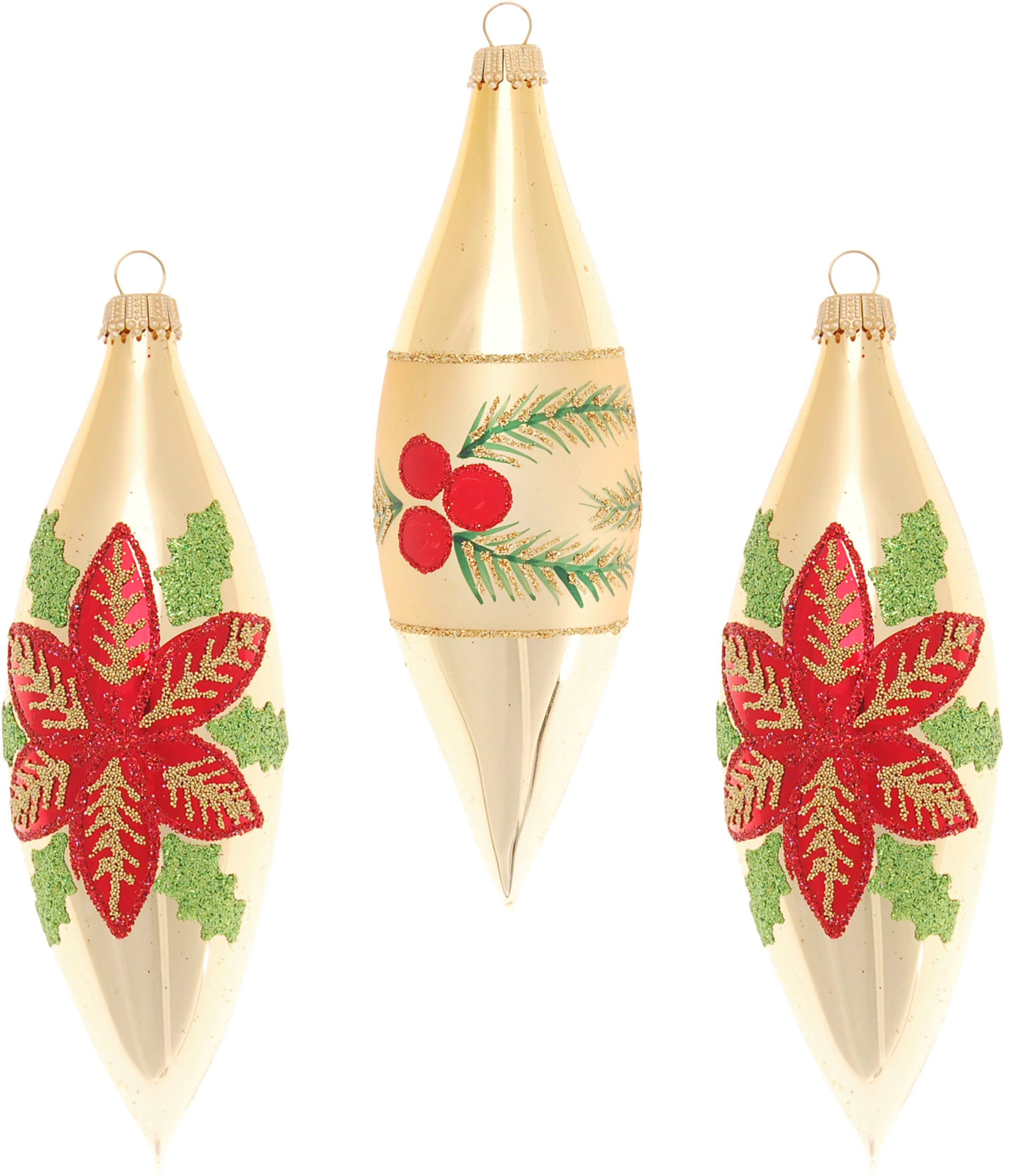 Krebs Glas Lauscha Christbaumschmuck Weihnachtsstern & Beeren, in  Olivenform (3-tlg), Weihnachtsdeko, Christbaumkugeln aus Glas,  Weihnachtsbaumkugel