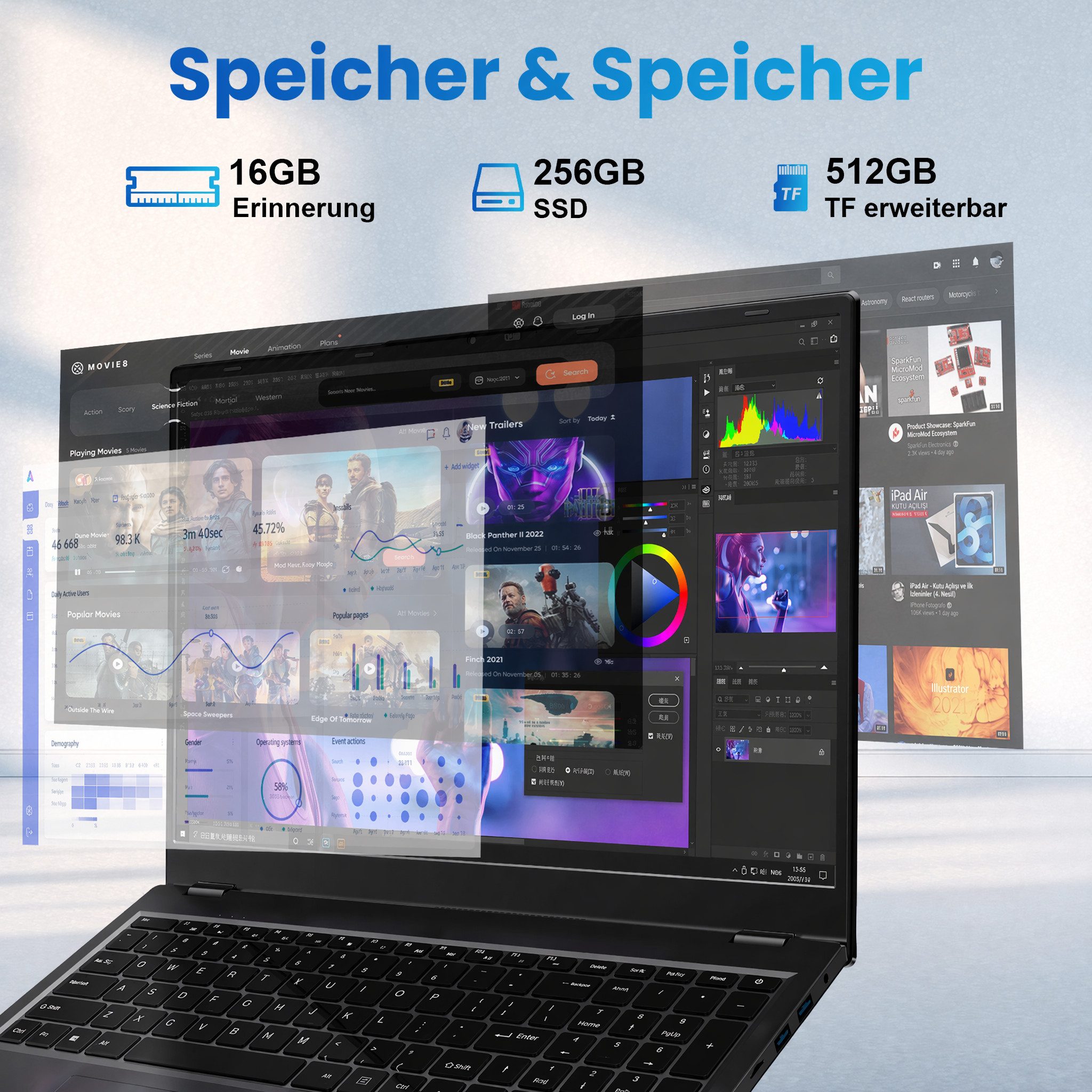 MENGHU 17,6 Zoll Laptop mit Intel Core i3 16GB RAM 256GB SSD AI-Unterstützung Notebook (Intel® Core™ i3-10100Y, 16 GB, 256 GB SSD)